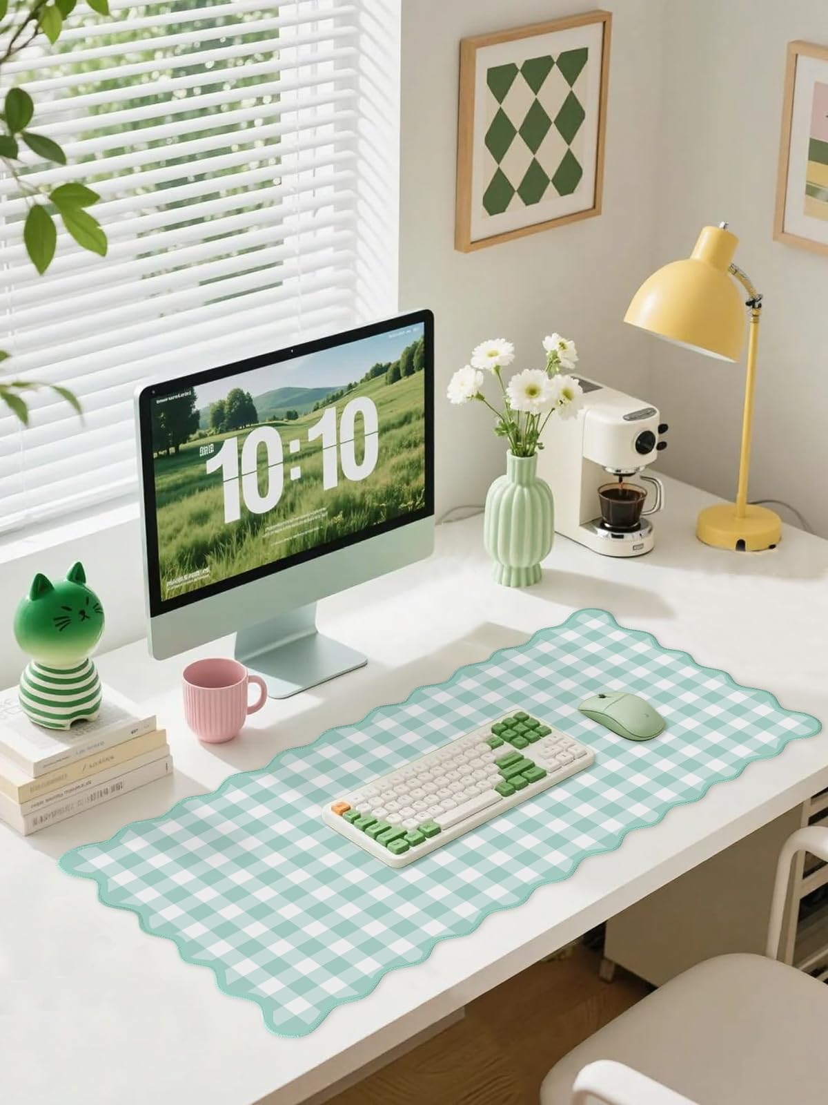 Mint Green Scalloped‌ Checkered Gingham Desk Mat Cute Pastel Large Mouse Pad Kawaii Cottagecore