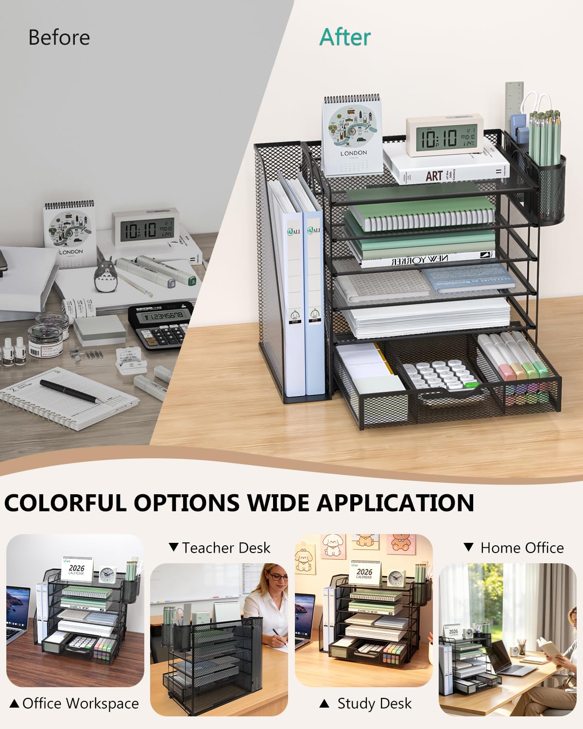 WALI Desk File Organizer, 6 Tier Desktop Paper Letter Tray Organizer with Drawer and 2 Pen Holders