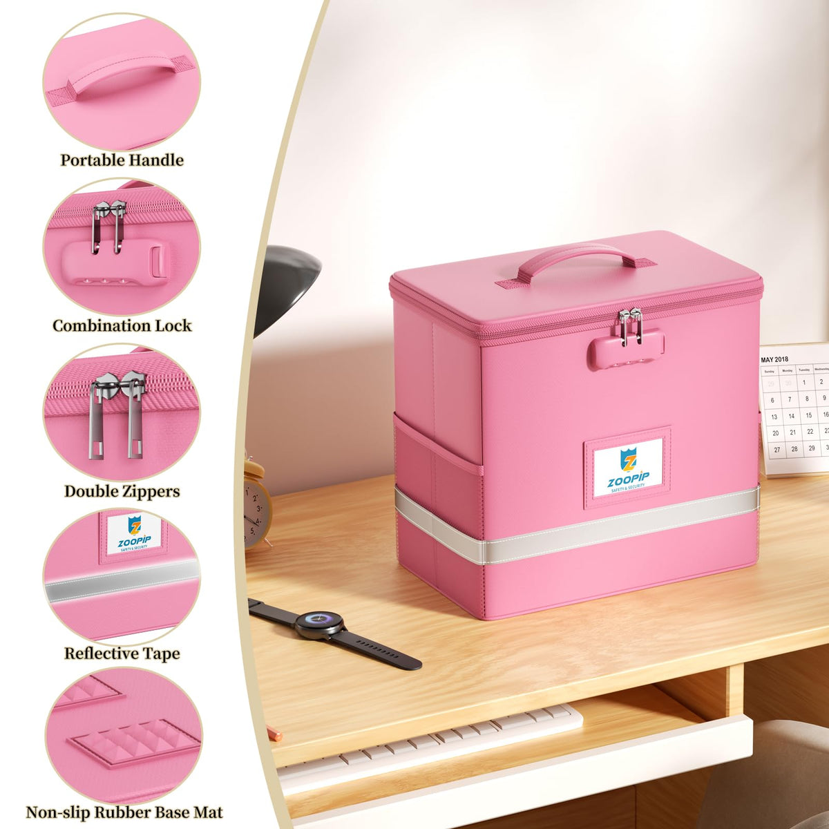 ZOOPIP Fireproof File Box with Lock, Collapsible Document Organizer, Pink