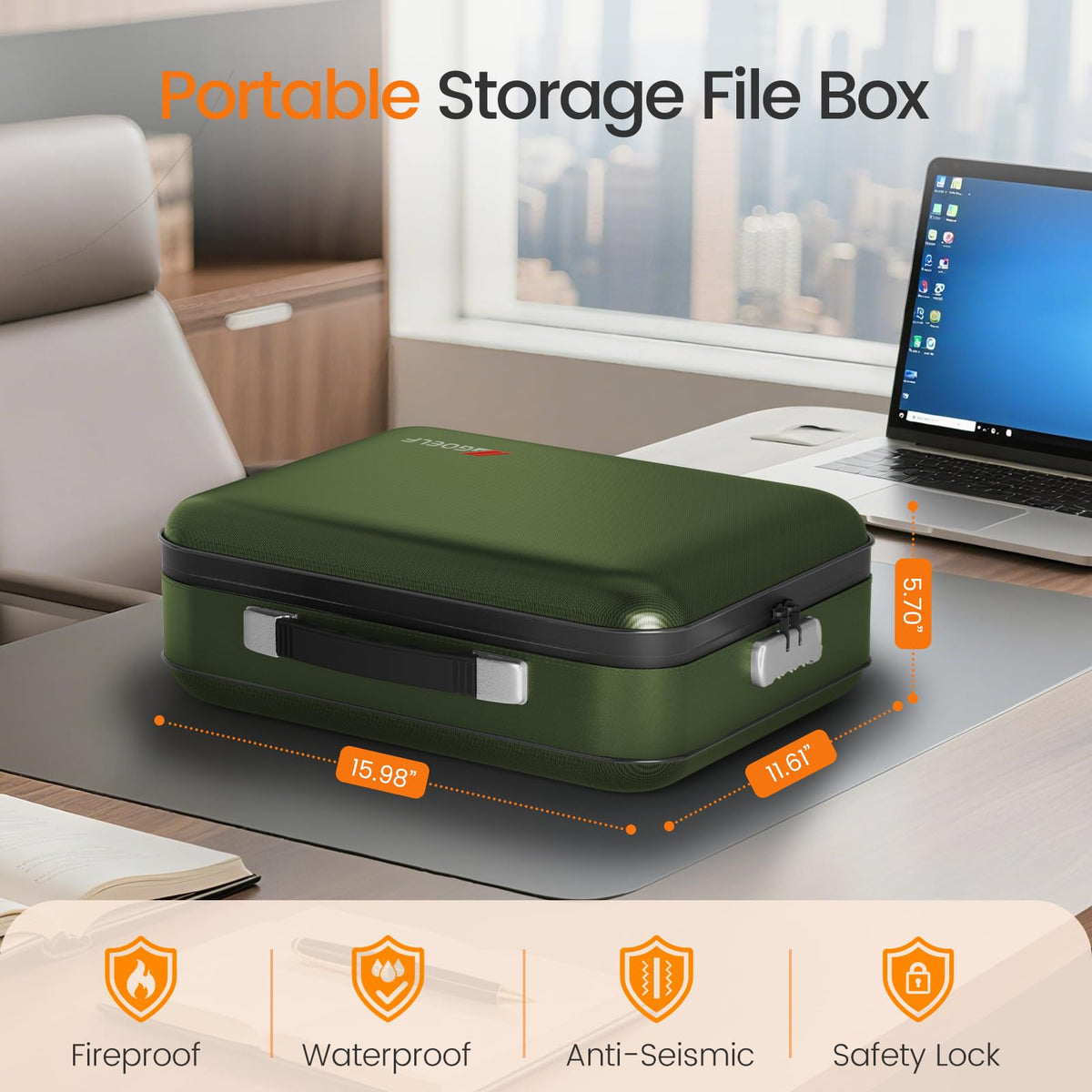 Fireproof Document Box with Lock, 5200°F Fireproof Water Resistant Hard Case File Organizer Safe
