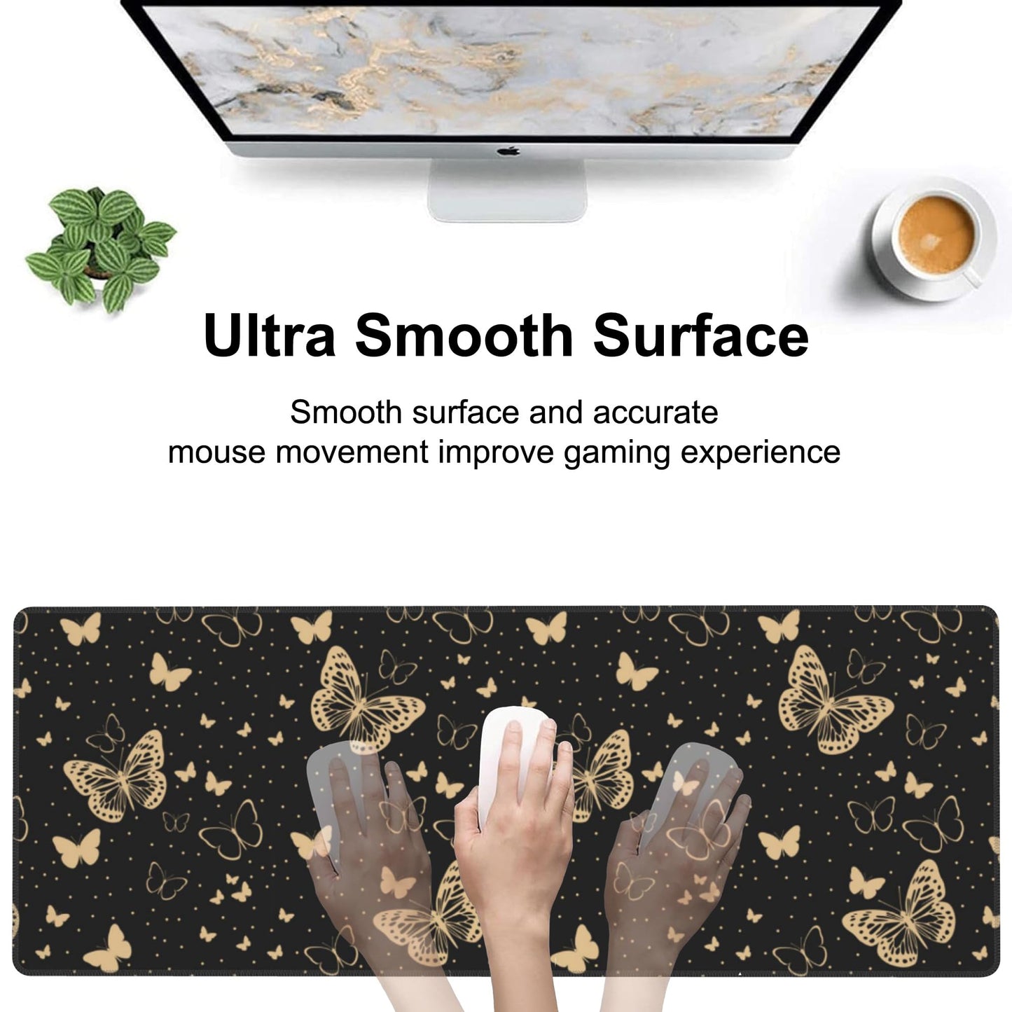 Golden Butterflies Desk Mat,Large Butterfly and Round Spots Gaming Keyboard Mouse Pad,Non-Slip