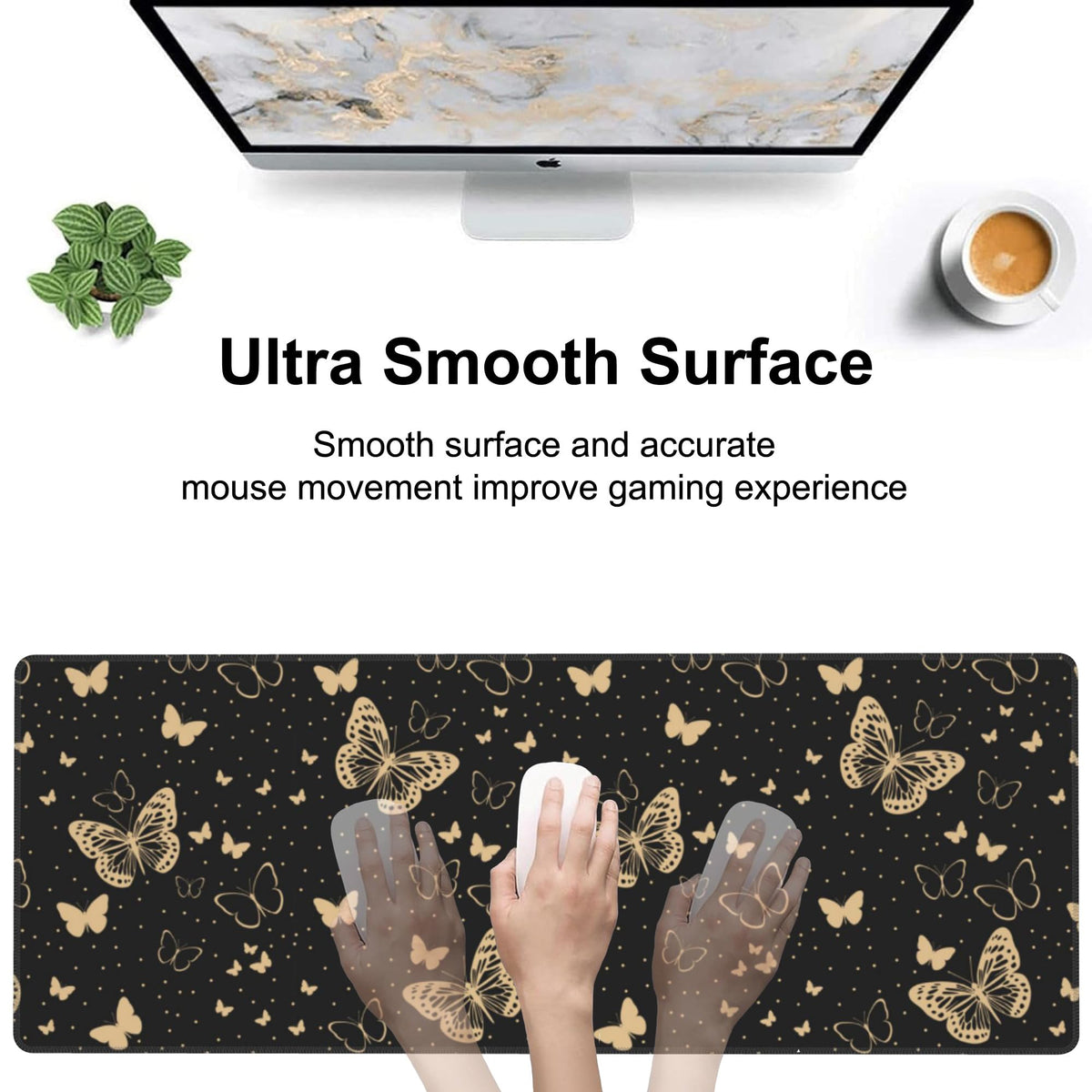 Golden Butterflies Desk Mat,Large Butterfly and Round Spots Gaming Keyboard Mouse Pad,Non-Slip