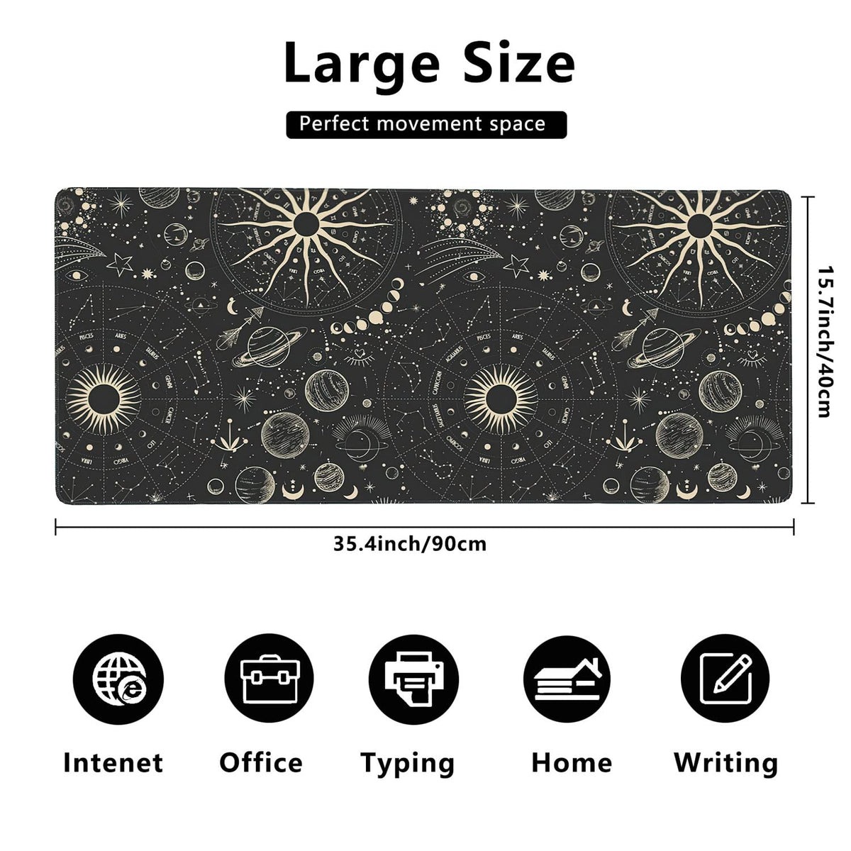 Vintage Moon Phases Extended Gaming Mouse Pad Large Desk Mat with Non-Slip Rubber Base and Stitched