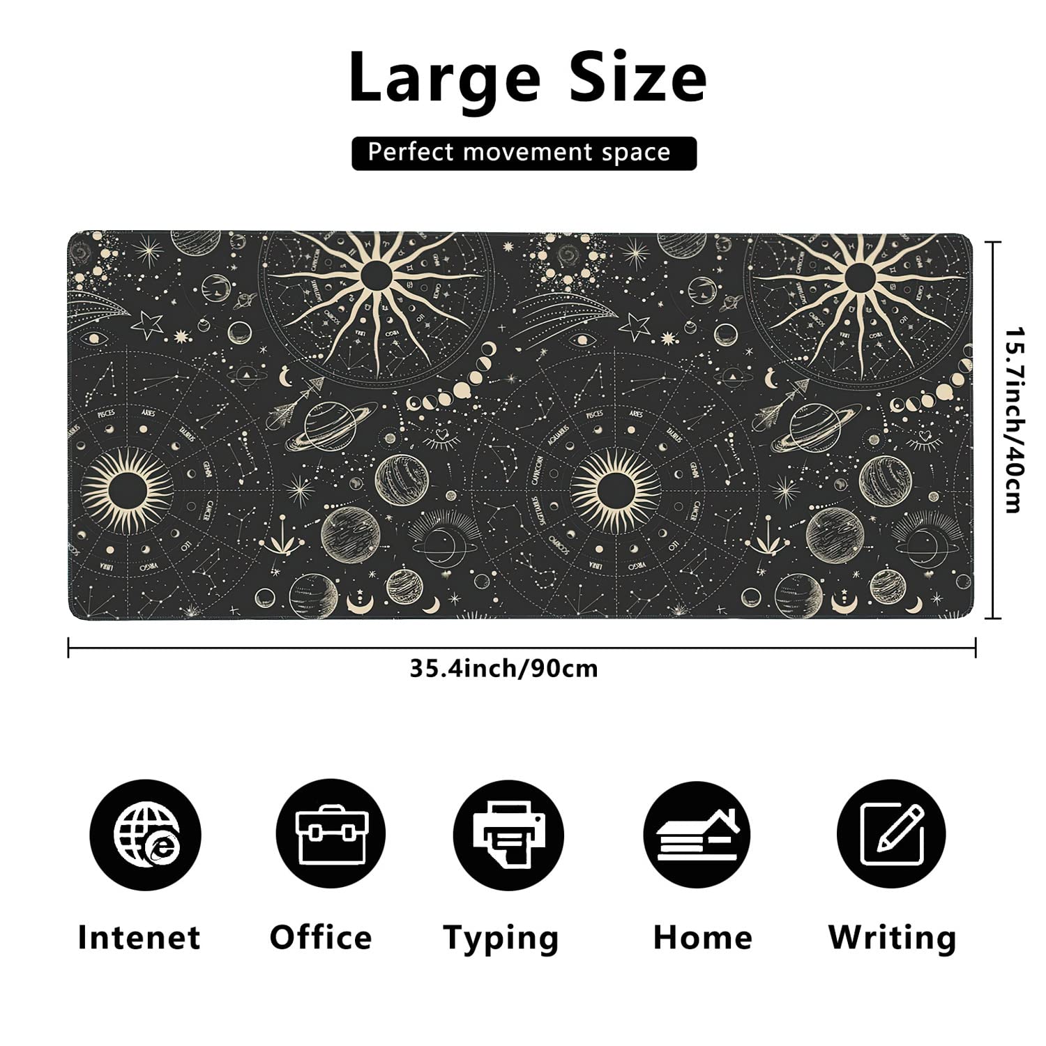 Vintage Moon Phases Extended Gaming Mouse Pad Large Desk Mat with Non-Slip Rubber Base and Stitched