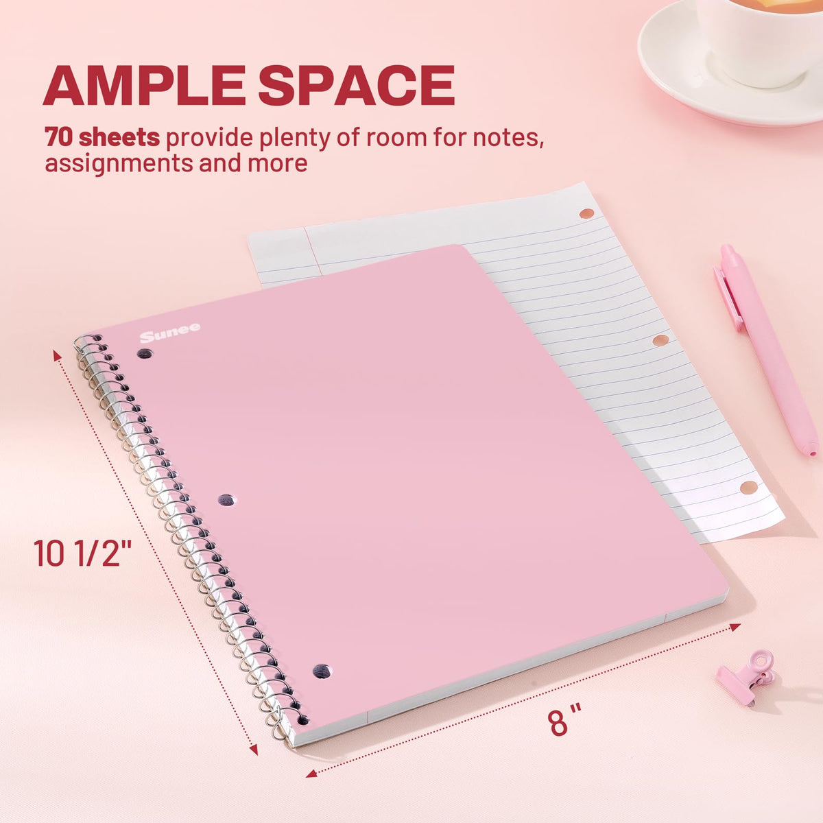 SUNEE Spiral Notebooks, 3 Pack, 1-Subject, College Ruled Paper, 8" x 10-1/2", 70 Sheets per