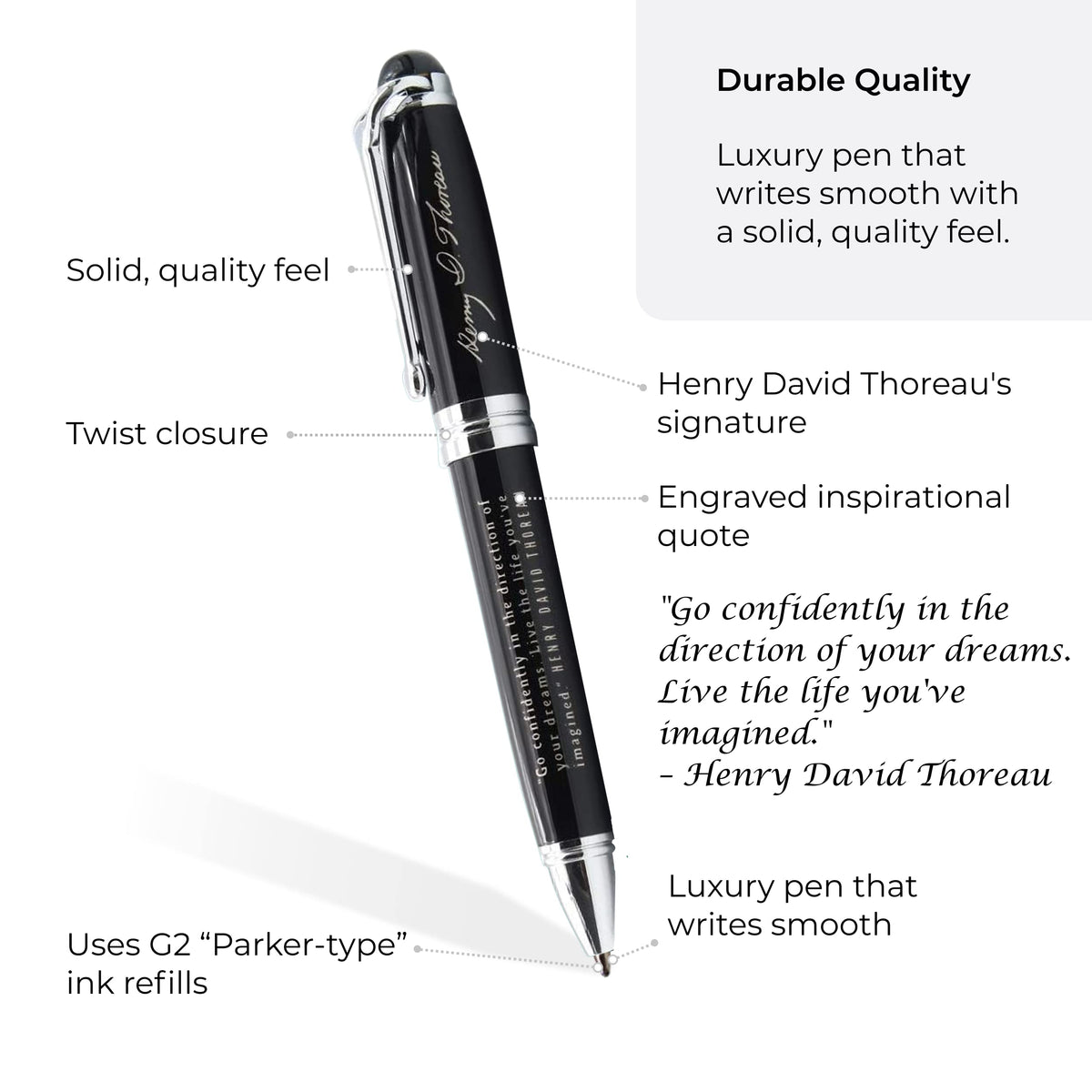 Henry David Thoreau Engraved Luxury Gift Pen with Motivational Quote - Go Confidently in the