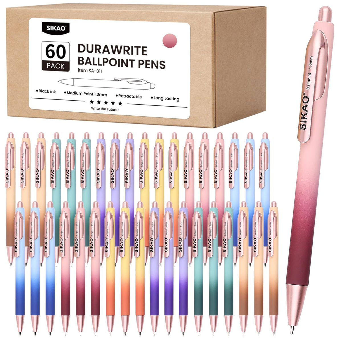 Sikao Pens Bulk, 60 Pack Luxe Gradient Retractable Ballpoint Pens