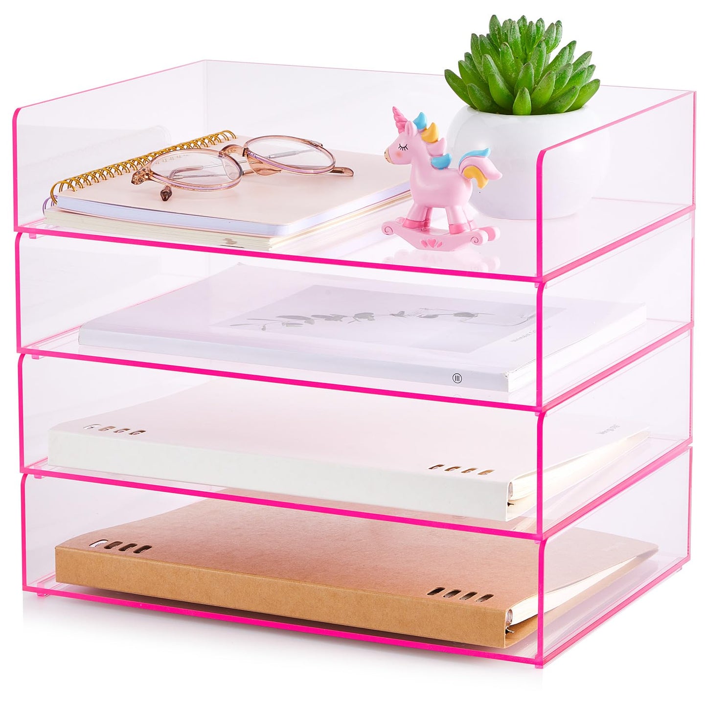Harloon 4 Tier Paper Organizer Letter Tray Pink Acrylic Desk File Organizer Heavy Duty Stackable