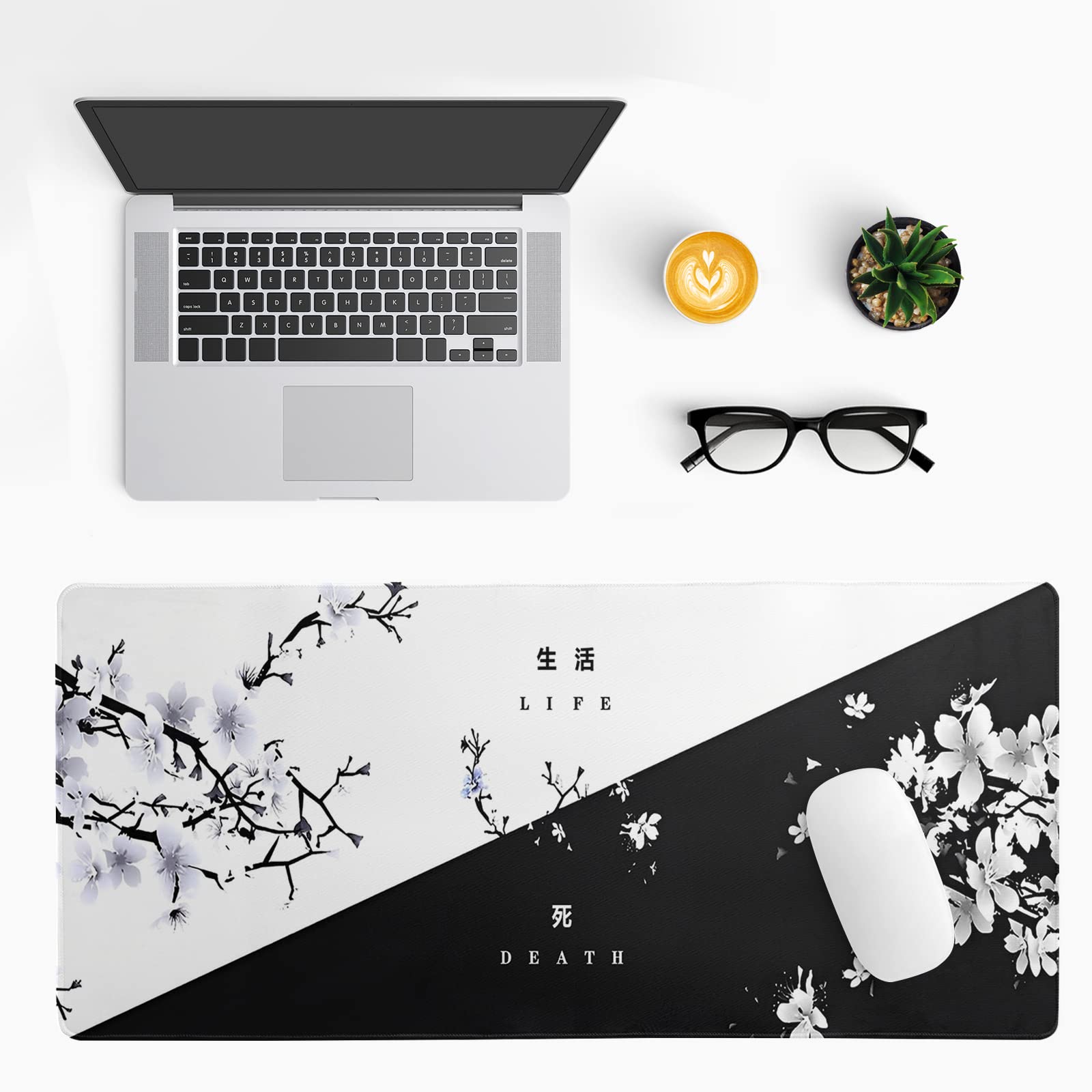 Black and White Japanese Cherry Blossom Gaming Mouse Pad Sakura Death Life Flower Mat 31.5x11.8