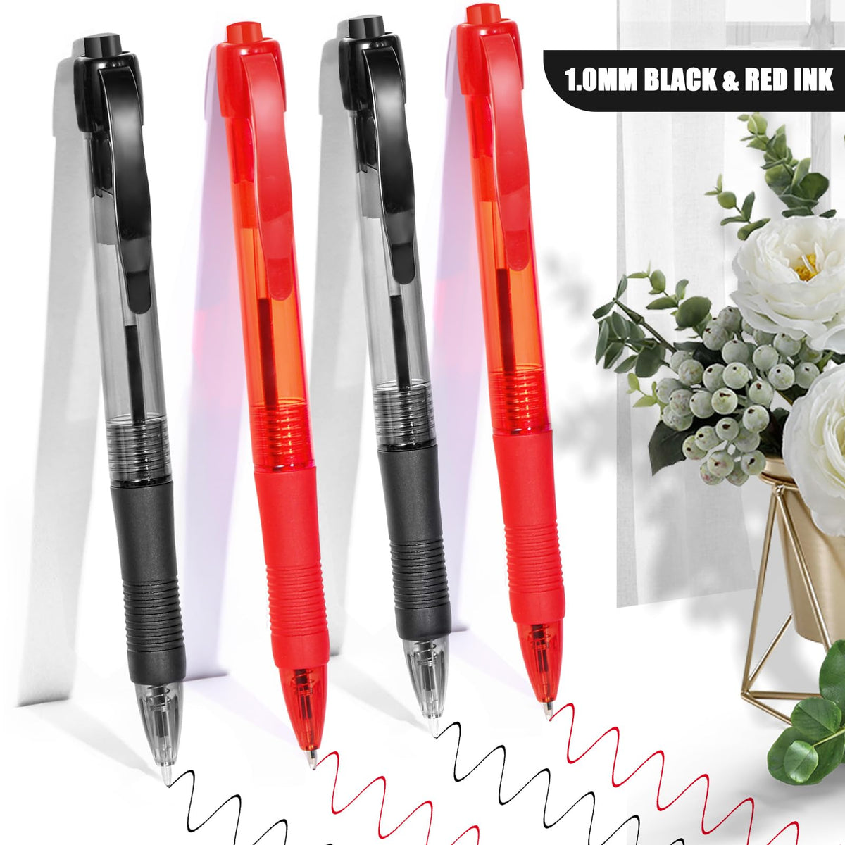 deegtran Pens Bulk, 50 Pack No Bleed Black & Red Ink Click Pens with Soft Grip, Wholesale