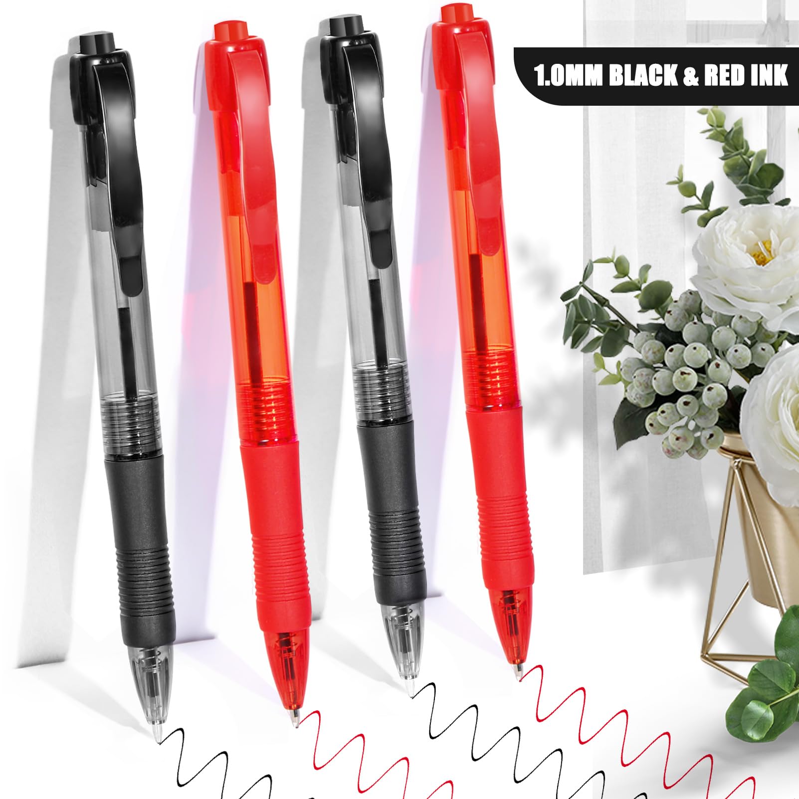 deegtran Pens Bulk, 50 Pack No Bleed Black & Red Ink Click Pens with Soft Grip, Wholesale