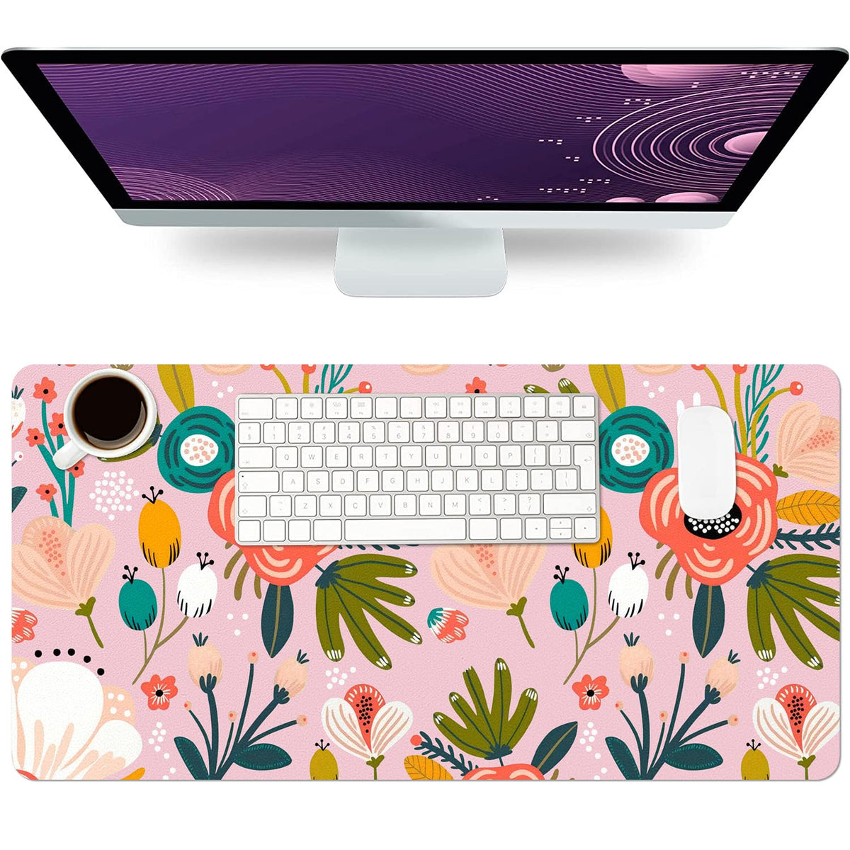 Pink Floral Desk Mat, Non-Slip PU Leather Desk Pad 27.5"x13.8"