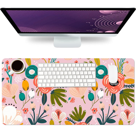 Pink Floral Desk Mat, Non-Slip PU Leather Desk Pad 27.5"x13.8"