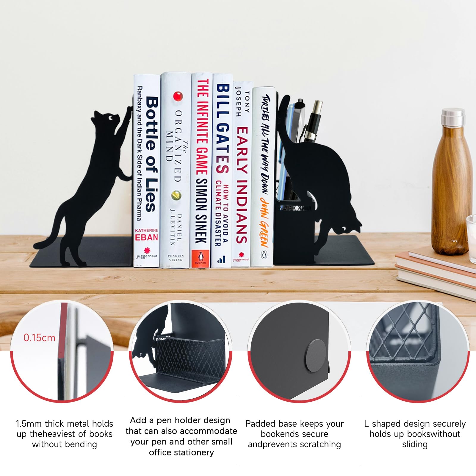 Cat Metal Bookends with Pen Holder, Cute Book Ends for Shelves Decorative