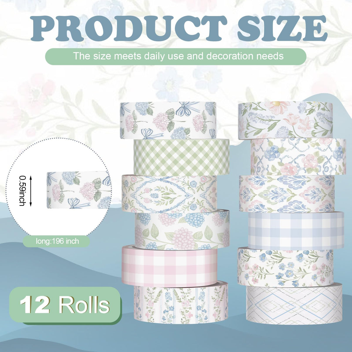 YooNotee 12 Rolls Floral Washi Tape Set,Pink and Blue,Flowers