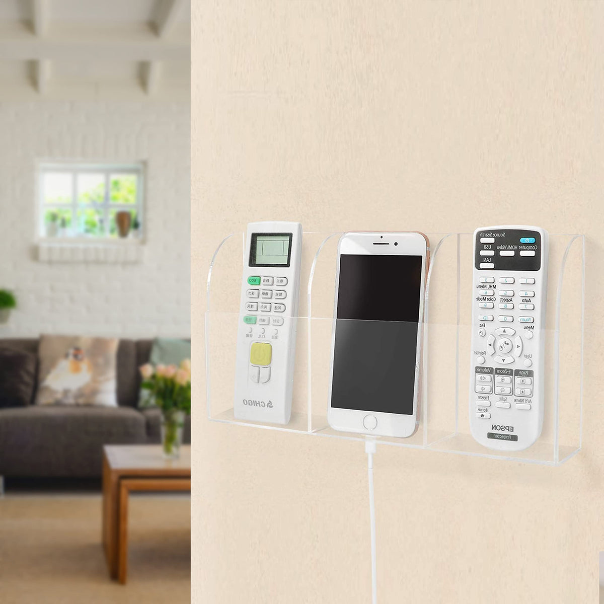 Pansyling Large Acrylic 3-Slot Wall Mounted Smart Phone Charging Holder Station Clear Hanging TV