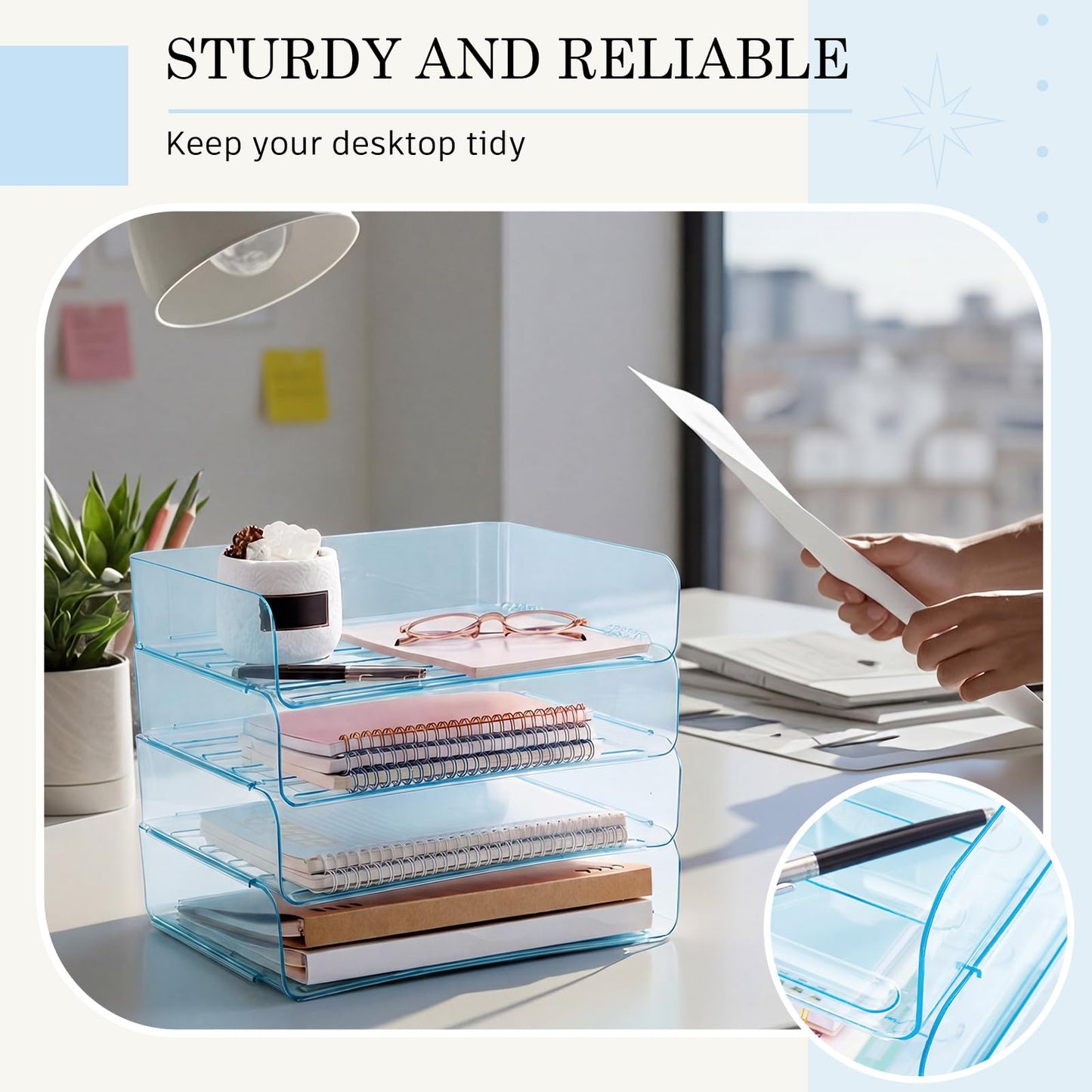 Harloon 4 Tier Clear Blue Acrylic Paper Organizer Letter Tray, Aesthetic Stackable Desk File