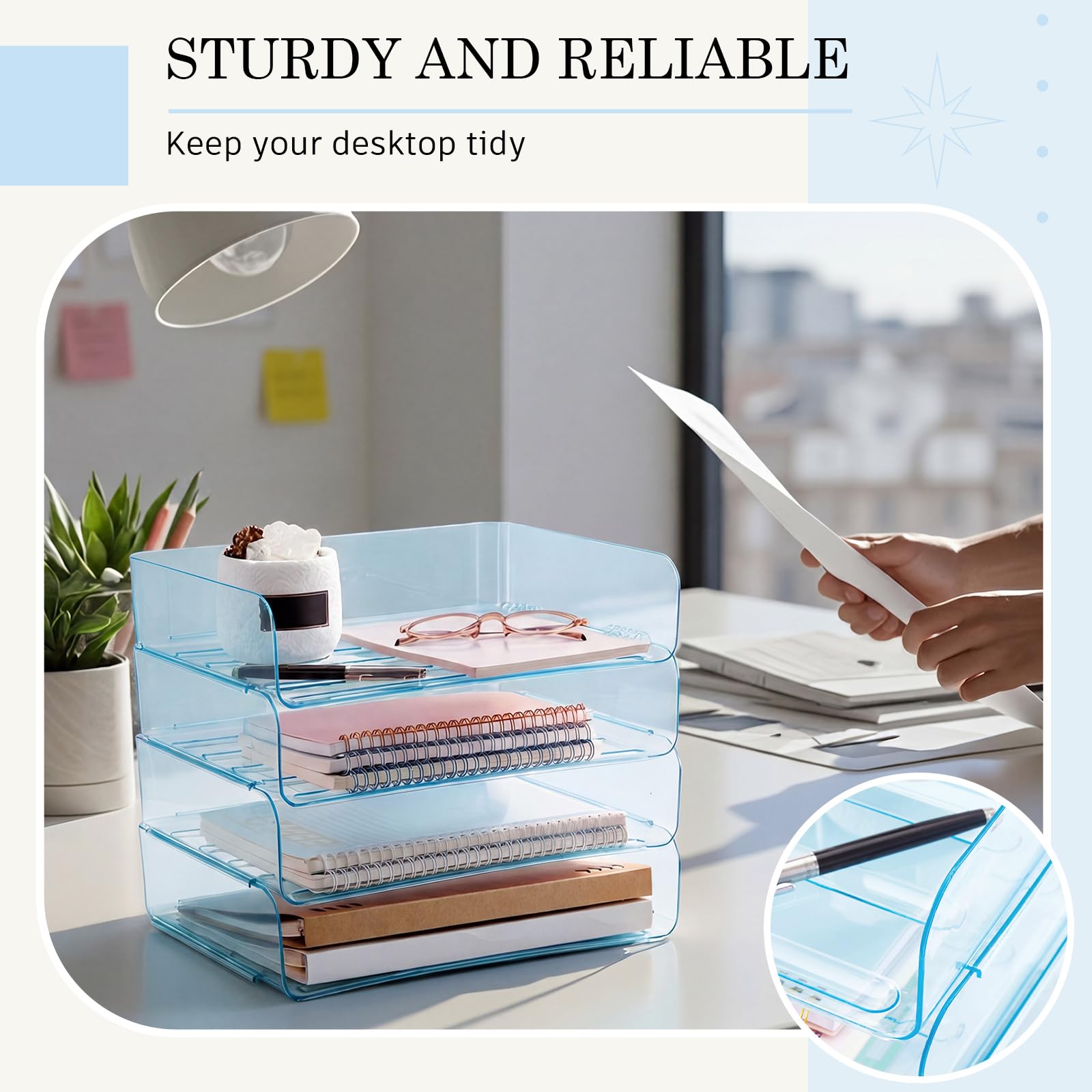 Harloon 4 Tier Clear Blue Acrylic Paper Organizer Letter Tray, Aesthetic Stackable Desk File