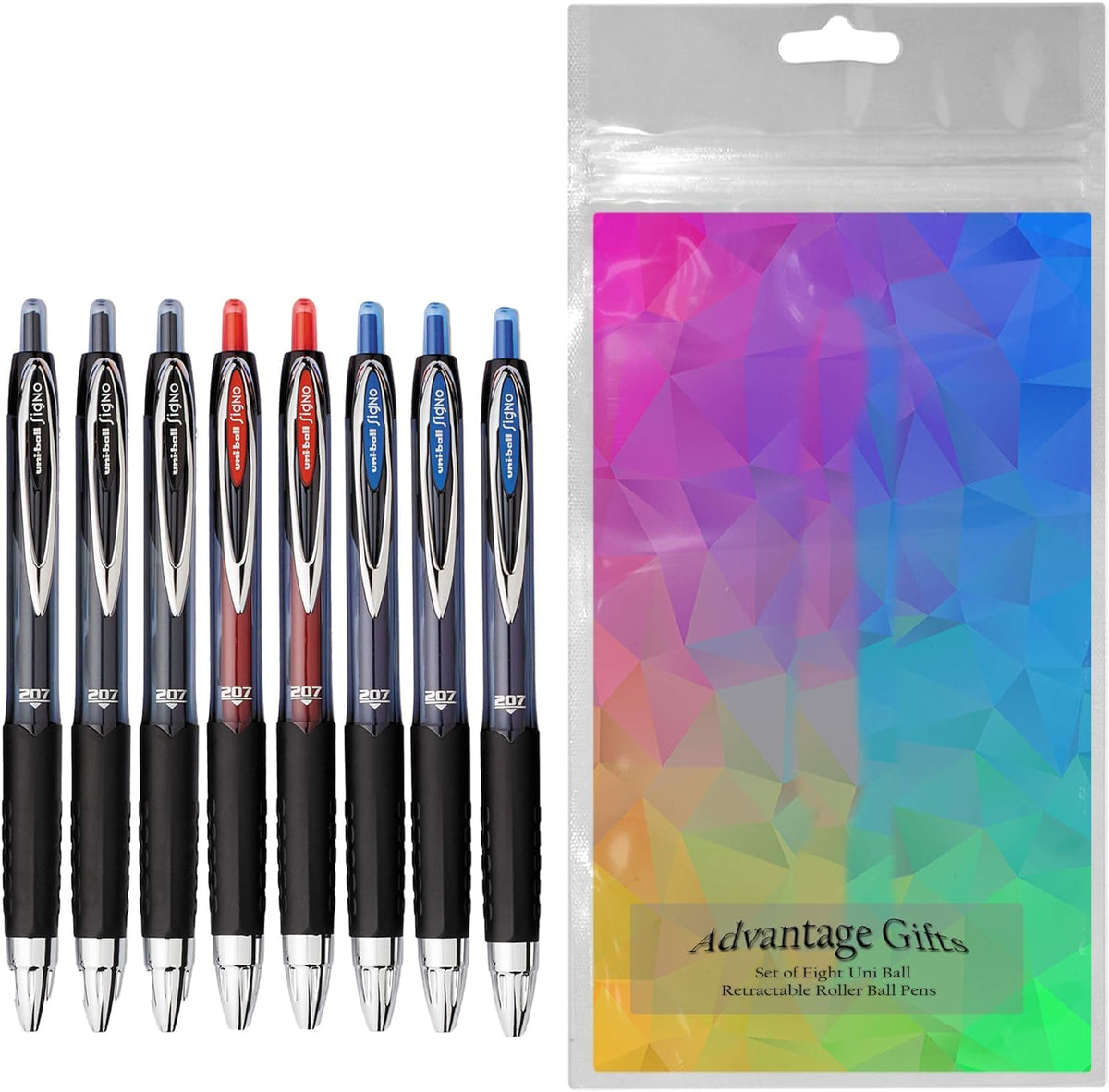 Advantage Gifts Signo 207 Roller Ball Retractable Gel Pens, Medium Point (0.7mm), Black Blue And