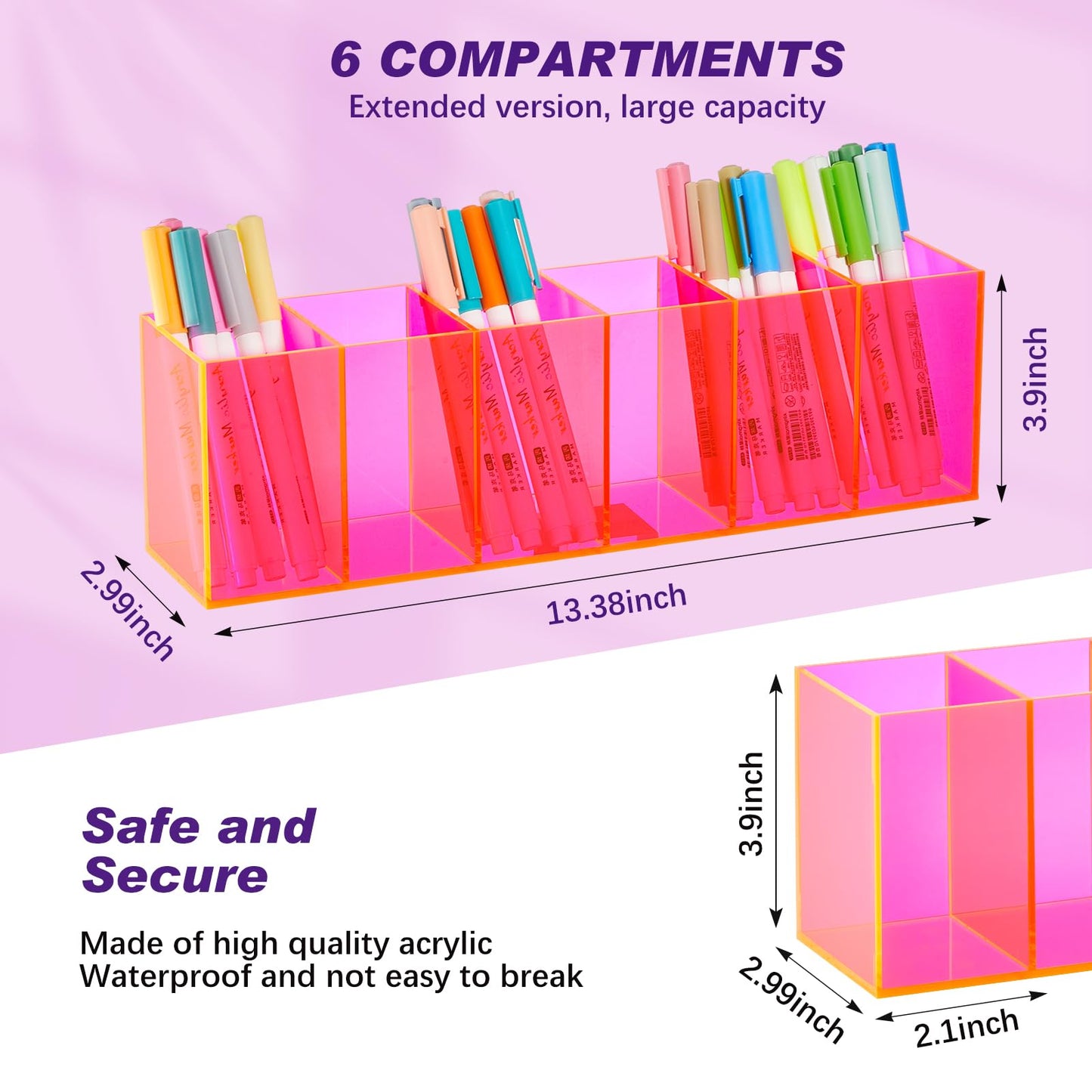 Jetec 6 Compartments Acrylic Pen Holder, Pencil Makeup Brush Holder, Pink