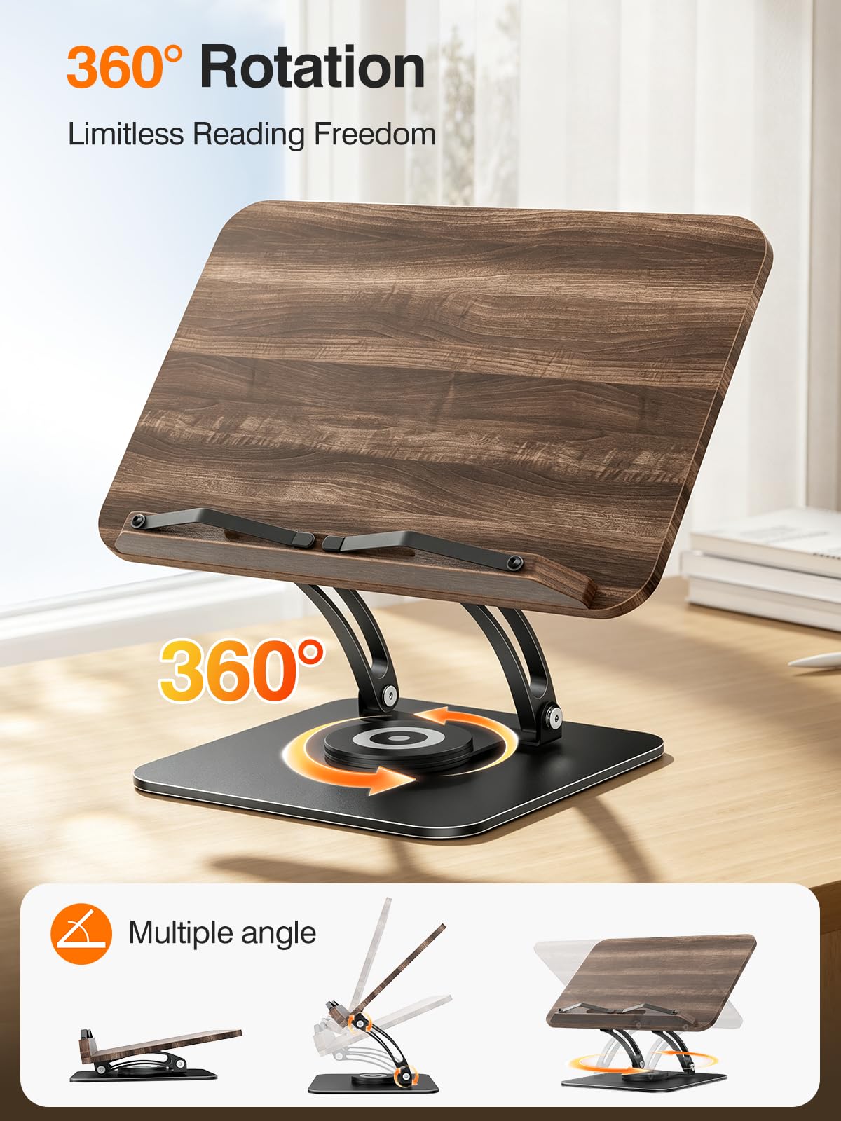 Tounee Adjustable Book Stand with 360° Swivel Base,Matte Black