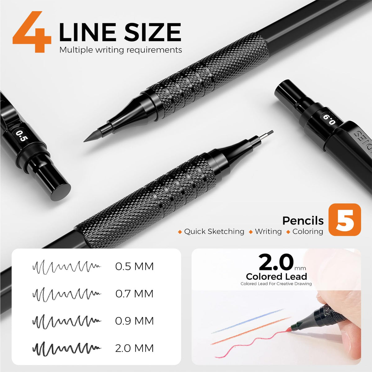 Four Candies Metal Mechanical Pencil Set, 3PCS Art Drafting Pencils 0.5, 0.7, 0.9MM & 2PCS 2MM