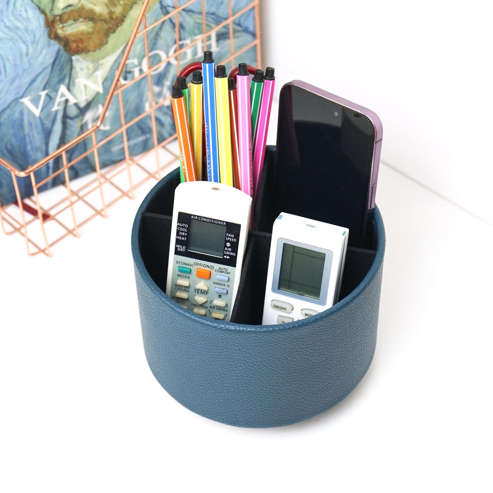 Hennaja Round Leather Art Supply Organizer,Remote Control Holder,360 Degree