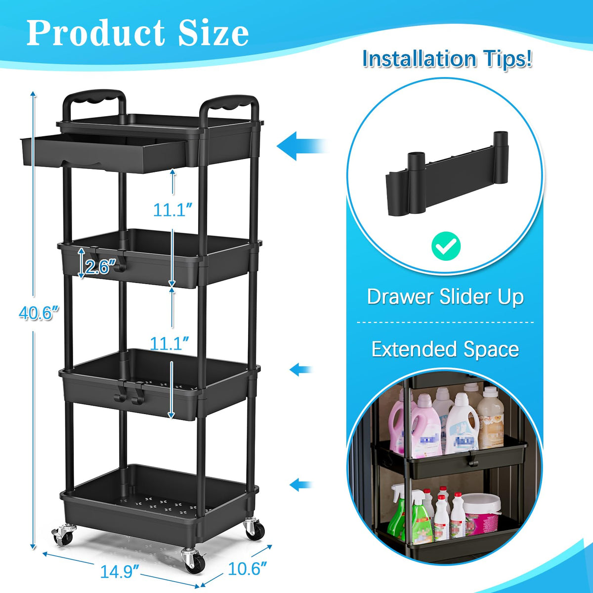 SUNALLY 4 Tier Rolling Cart with Drawer, Craft Storage Cart Organizer,Black