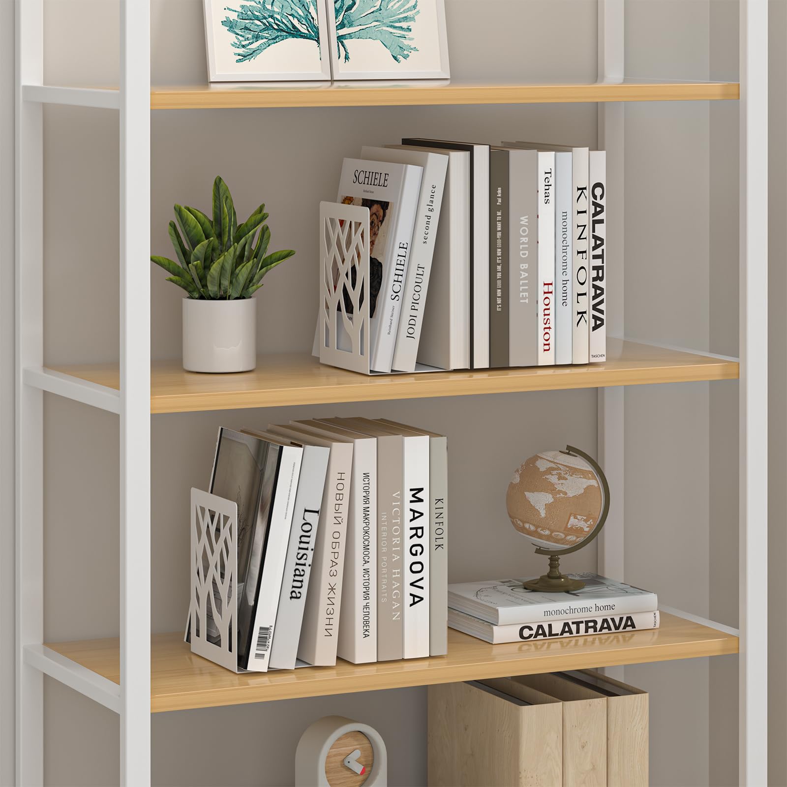 ALOTCHE White Bookends 8 Pack, Tree Design Modern Metal Bookends for Shelves, Unique Tree Book Ends