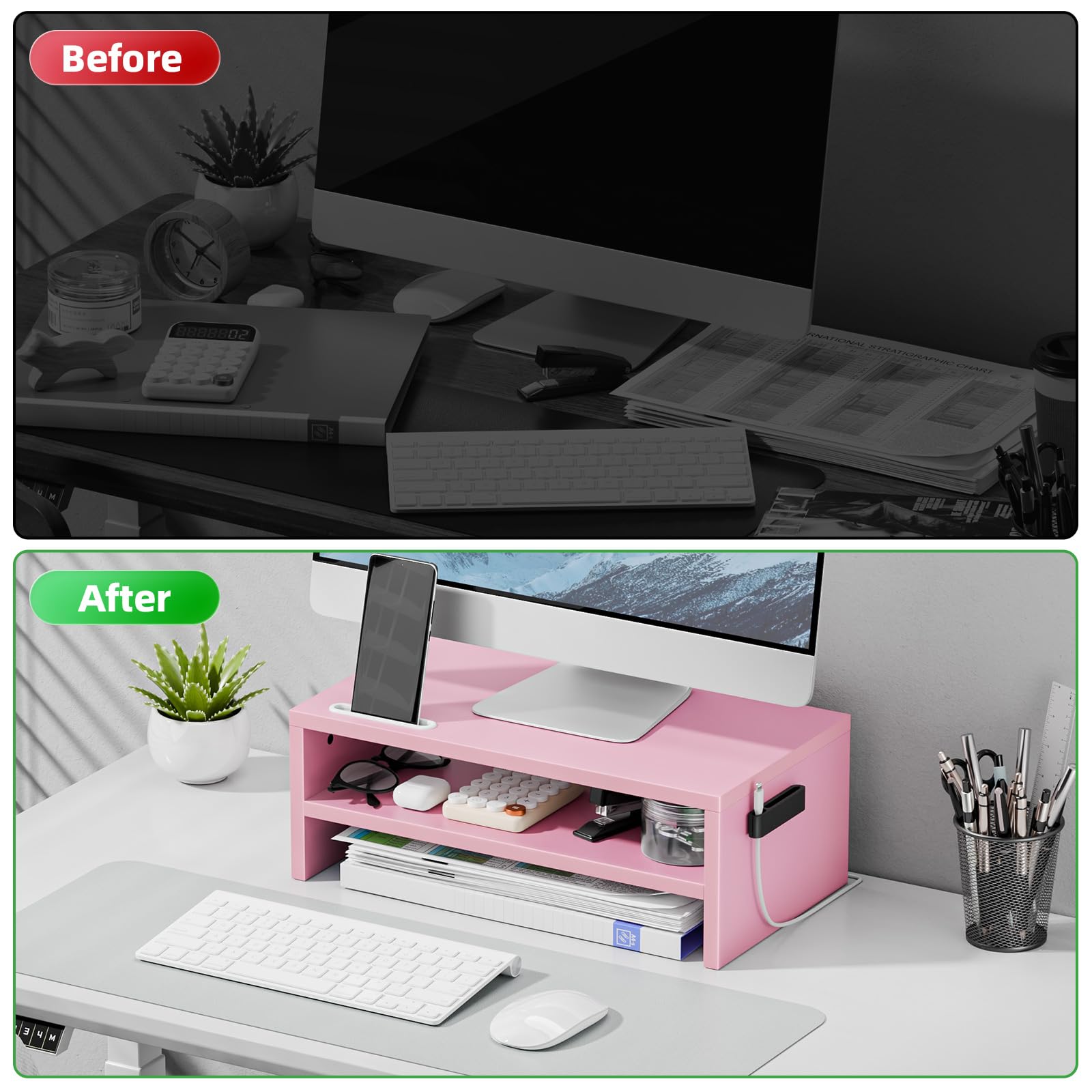 Marbrasse Wood Monitor Stand Riser,Desk Computer Printer Shelf Stand，Pink