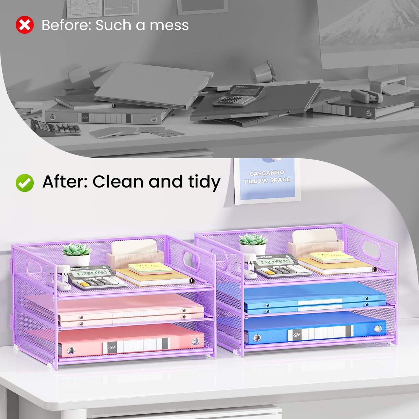 Paper Organizer with Handle,2P-3 Tier Purple Desk Organization Set