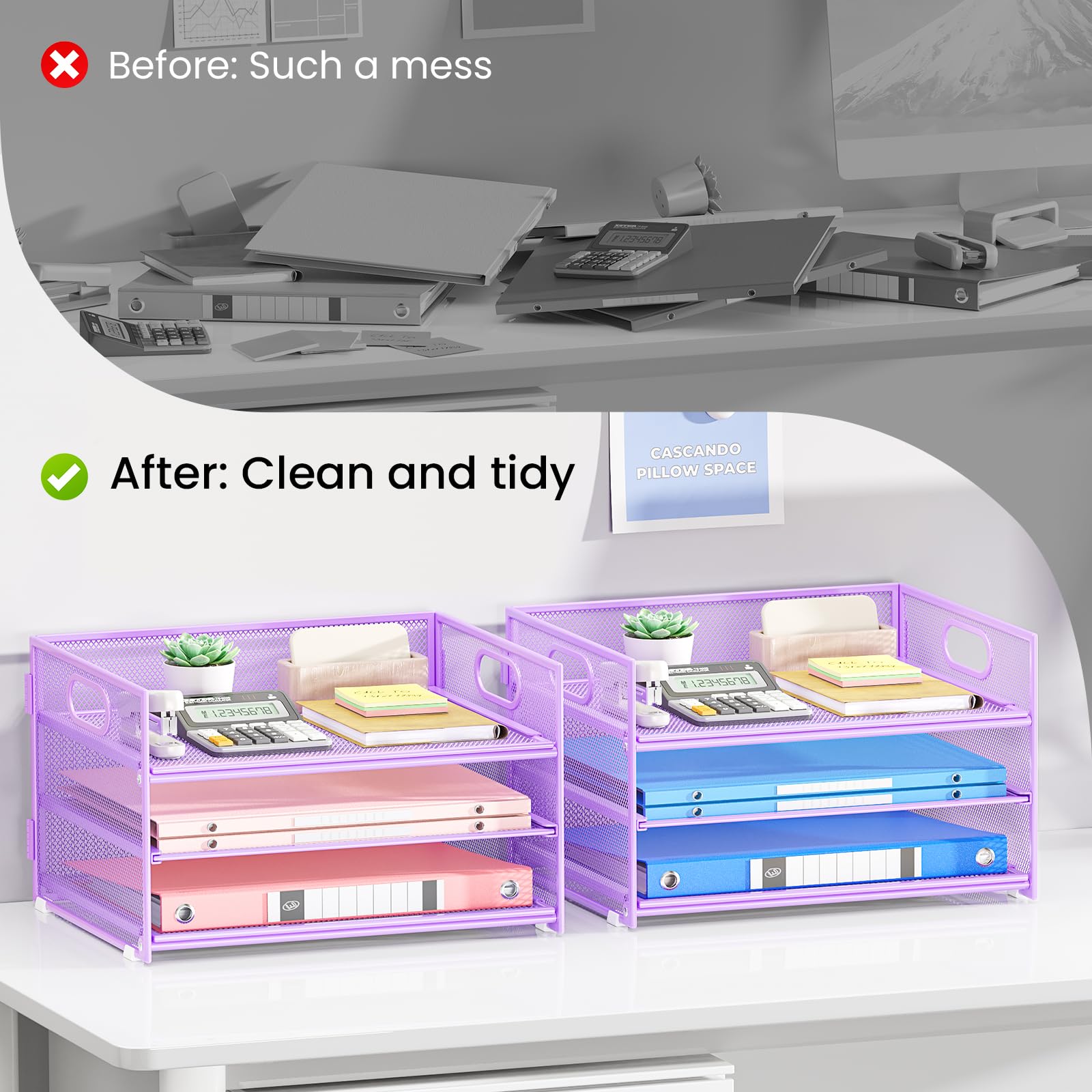 Paper Organizer with Handle,2P-3 Tier Purple Desk Organization Set