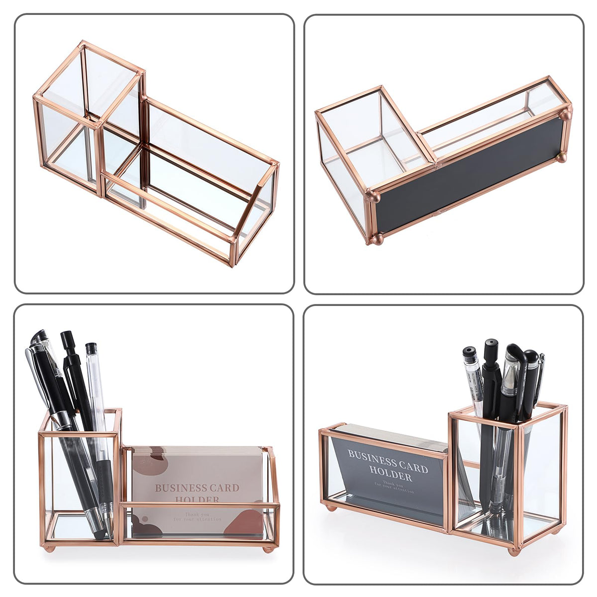Hipiwe Glass Business Card Organizer with Pen Holder for Women, Rose Gold