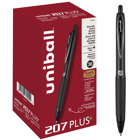 uniball™ 207 Plus+ Gel Pens, Black Ink, 0.7mm Medium Point, 36 Count