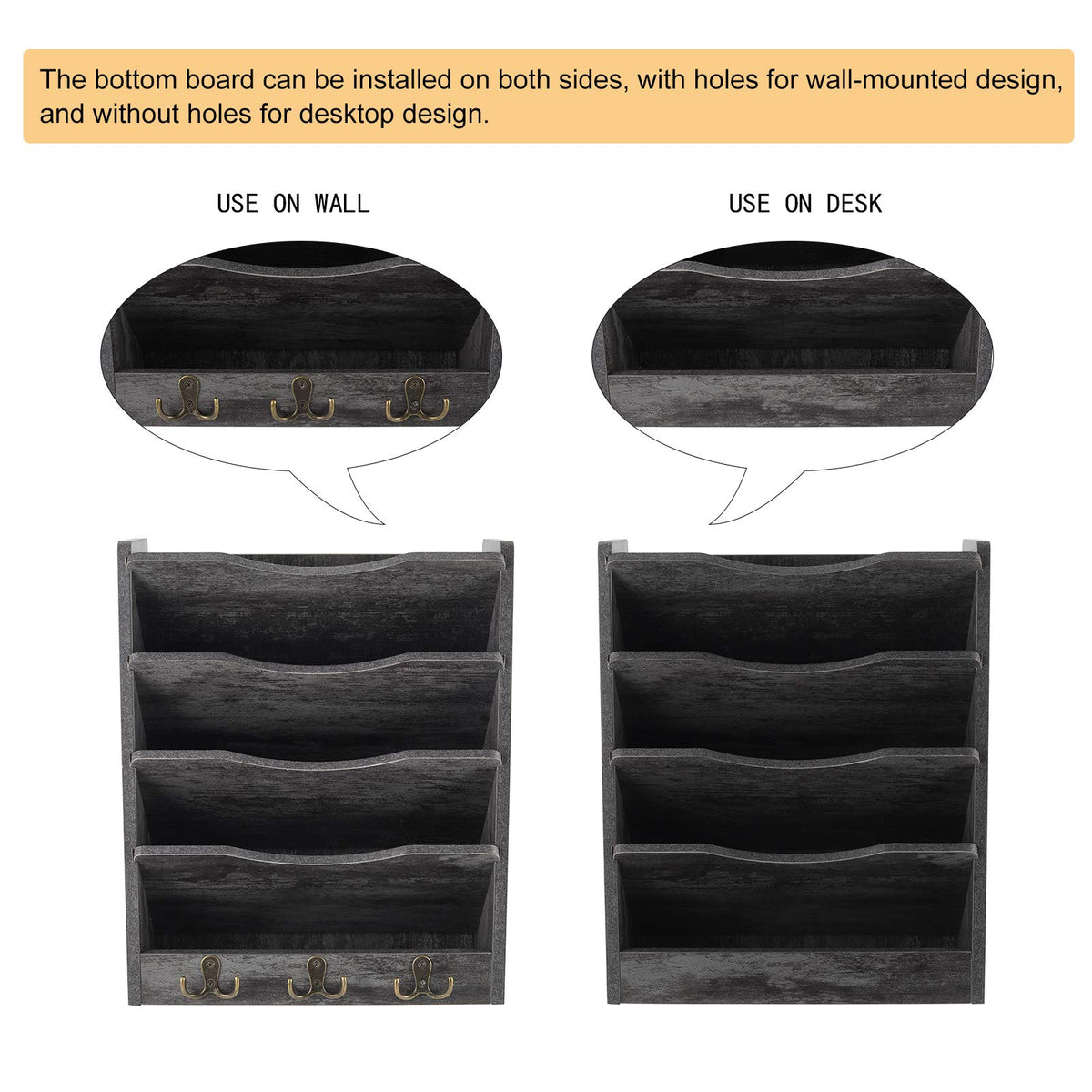 PAG-Mass 5-Tier Wall File Holder Hanging Mail Organizer Wood Magazine Literature Rack with 6 Hooks