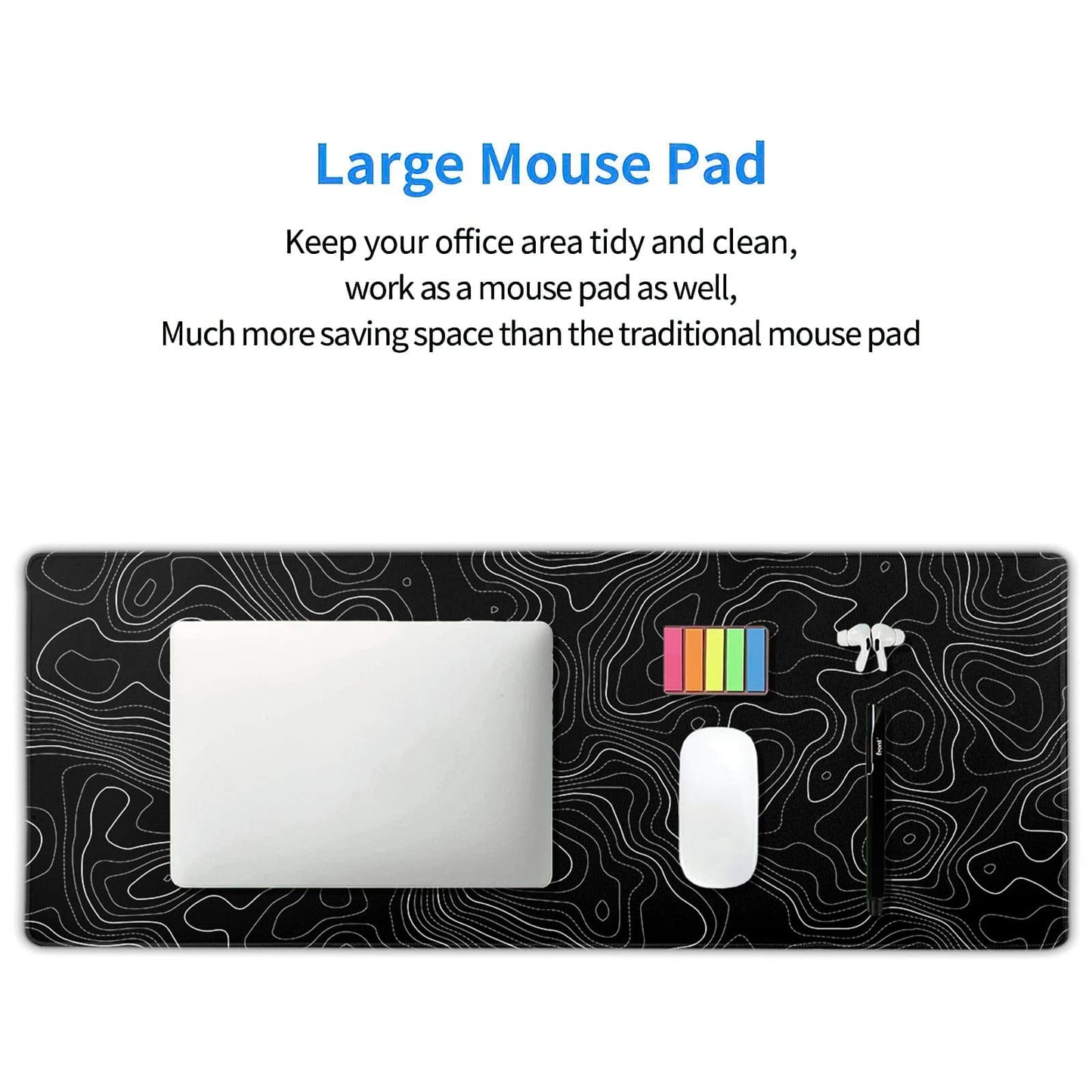 Topographic Contour Black Gaming Mouse Pad XL Topo Geographic Map Lines Extended Large Mouse Pad