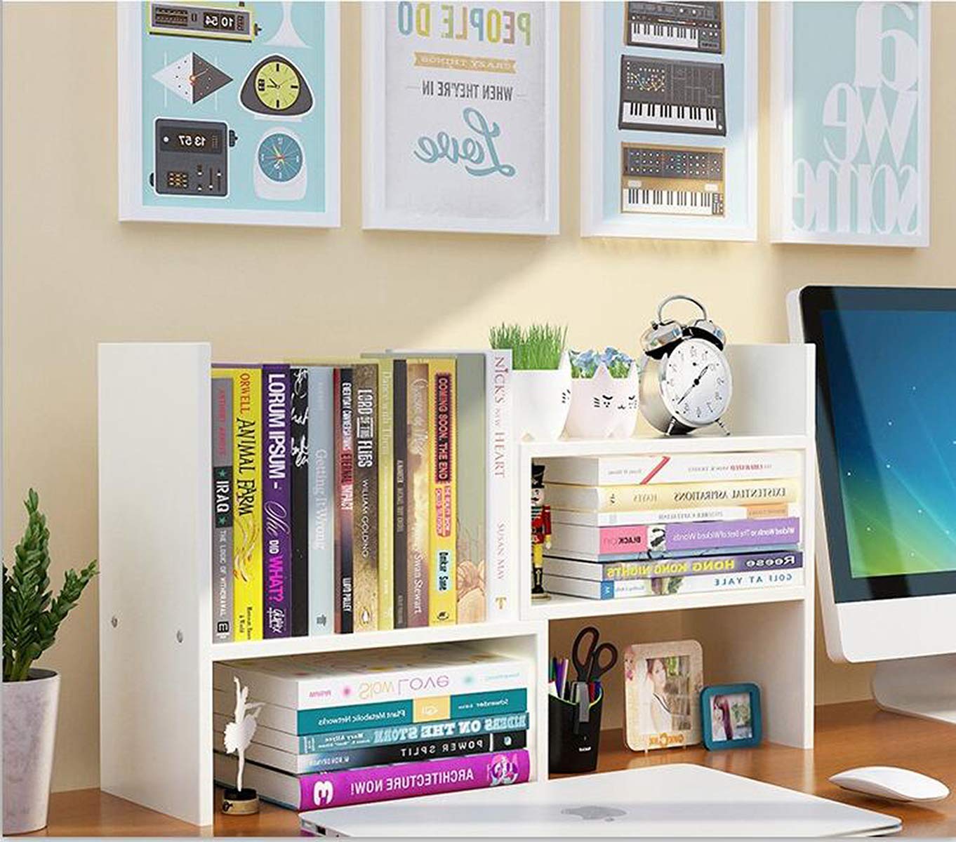Sorfity Expandable Wood Desktop Bookshelf Desktop Organizer Office Storage Rack Wood Display Shelf