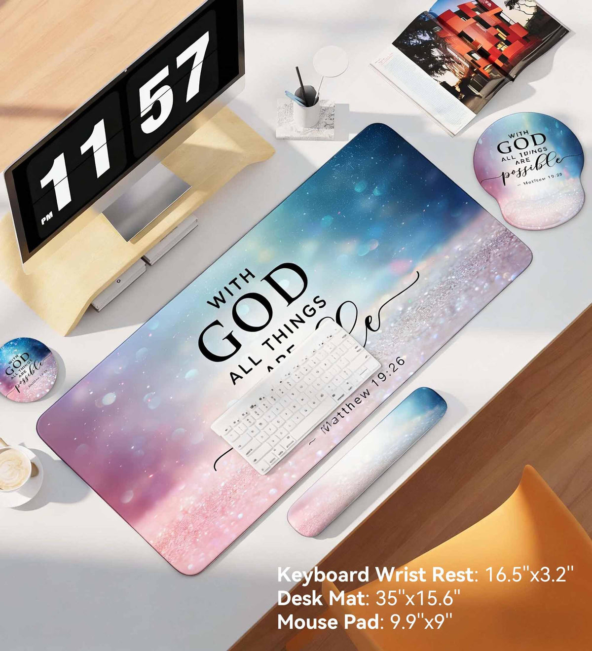 Desk Mat Set + Keyboard and Mouse Pad with Wrist Rest Support,4-in-1 Large Mousepad Computer Mats