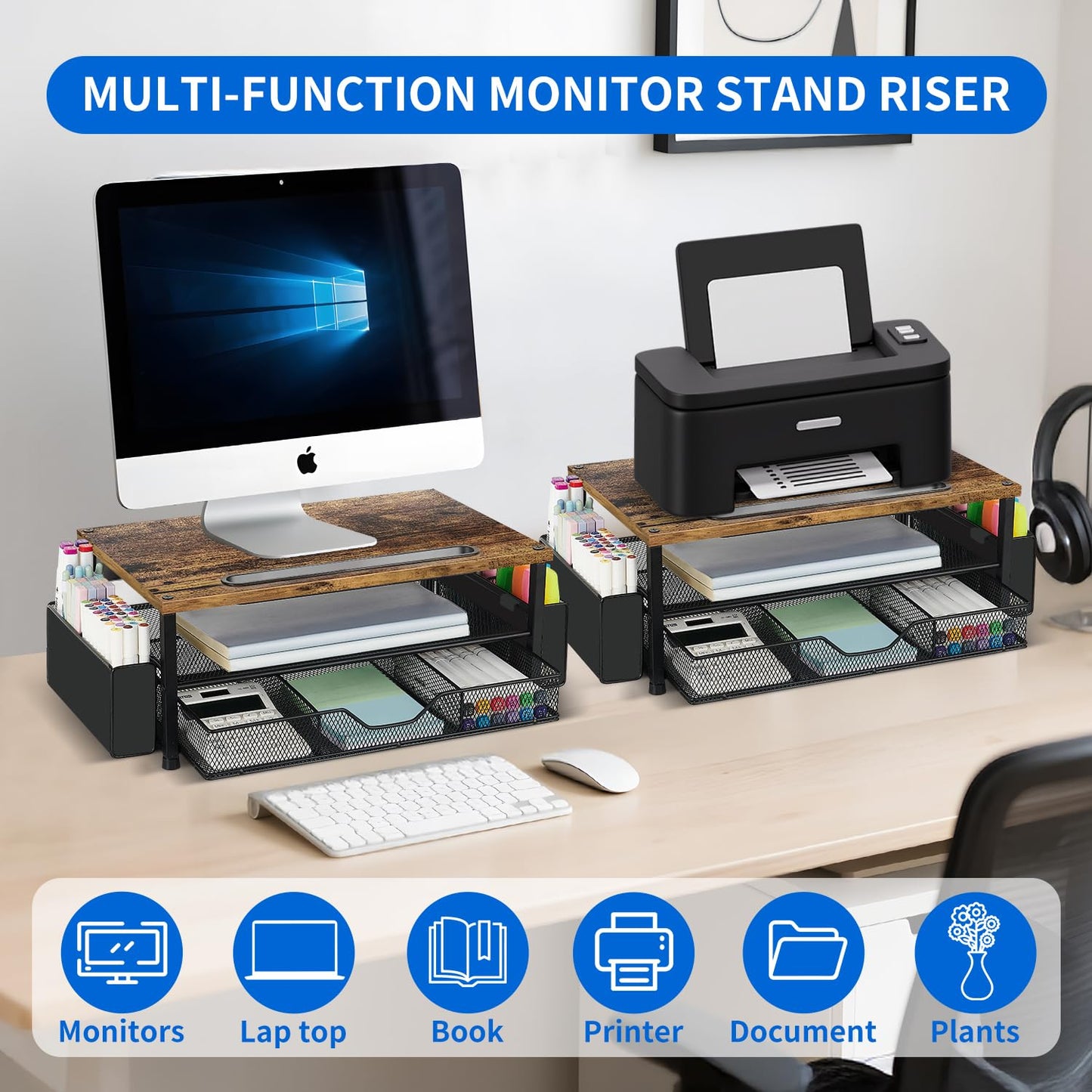 AUPSEN Wood Desk Organizers and Accessories, 2-Tier Computer Monitor Stand Riser with Drawer, Pen