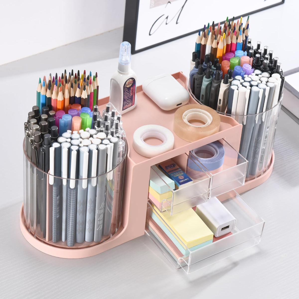 KLIONGO Rotating Desk Organizer with 2 Pen Holder, Desk Organizers and Accessories with 10 Slots