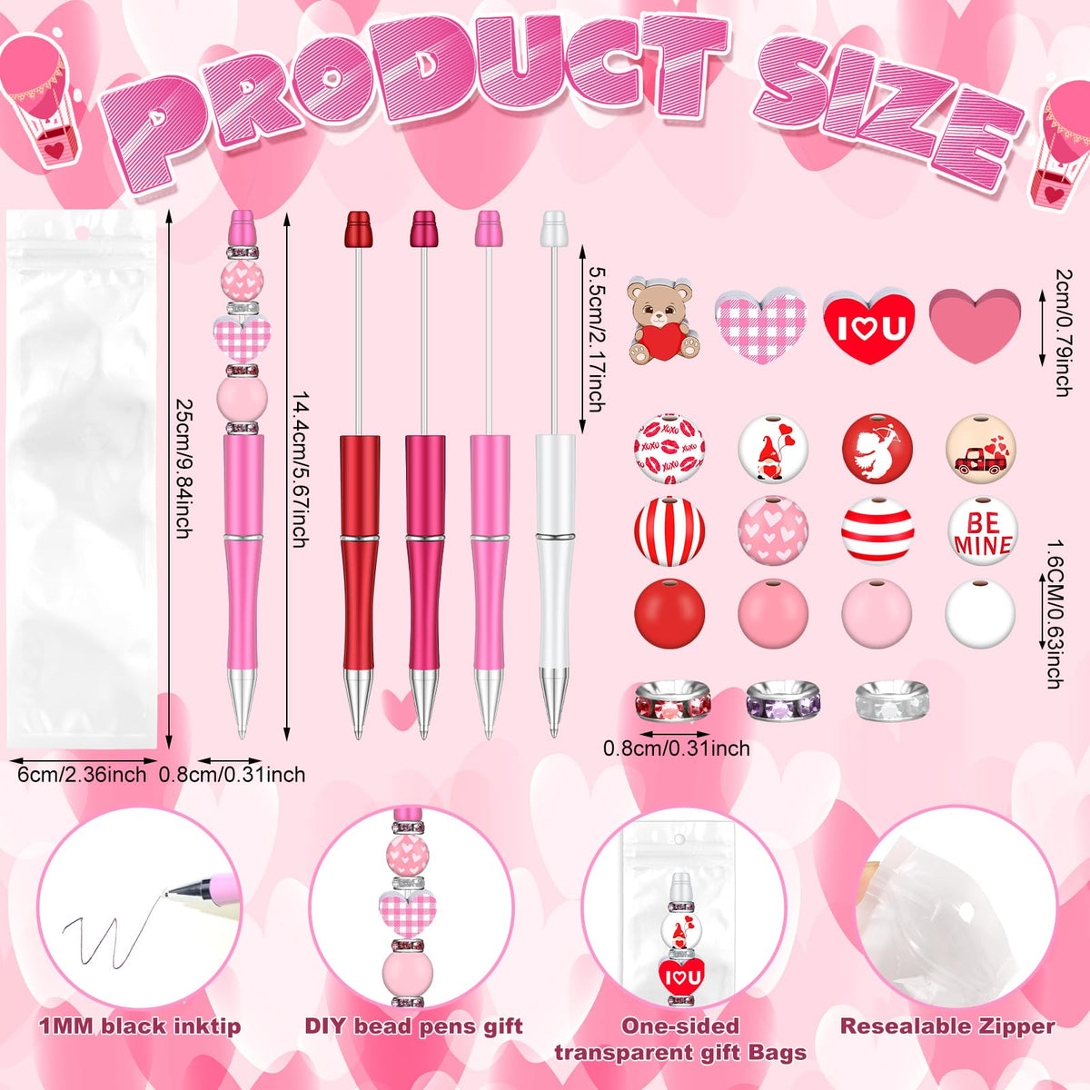 Zhanmai 197 Pcs Valentine‘s Day DIY Beadable Pens Kit 24 Plastic Ballpoint Pen with 101 Assorted