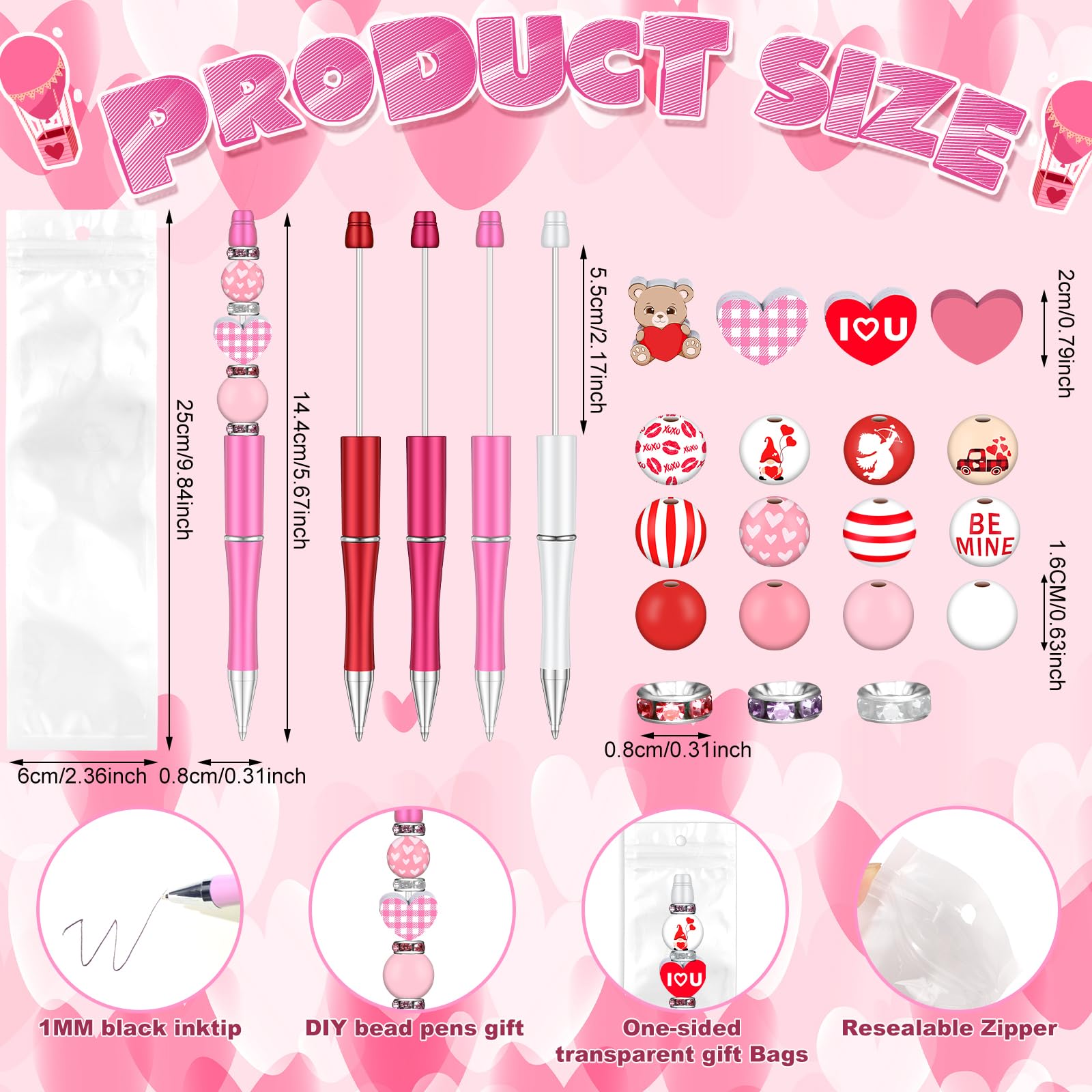 Zhanmai 197 Pcs Valentine‘s Day DIY Beadable Pens Kit 24 Plastic Ballpoint Pen with 101 Assorted