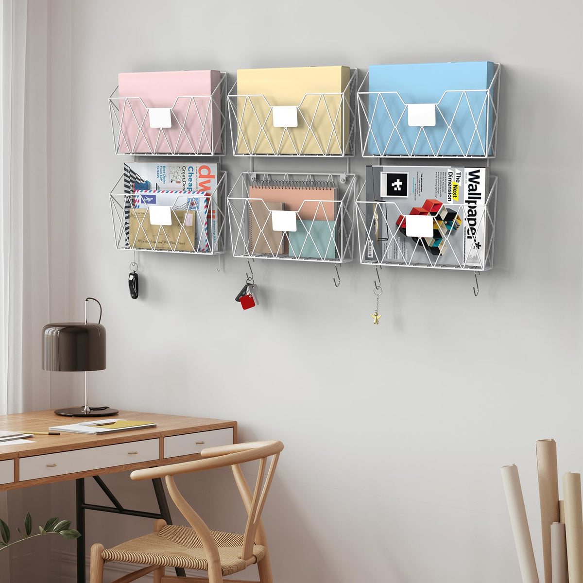 YBING Wall File Organizer 6 Pack Mesh Wire Hanging File Holder, White