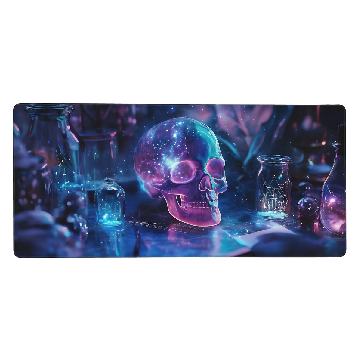 Aesthetic Skull Gaming Mouse Pad, Deep Blue Cyber Desk Mat with Anti-Slip Base & Stitched