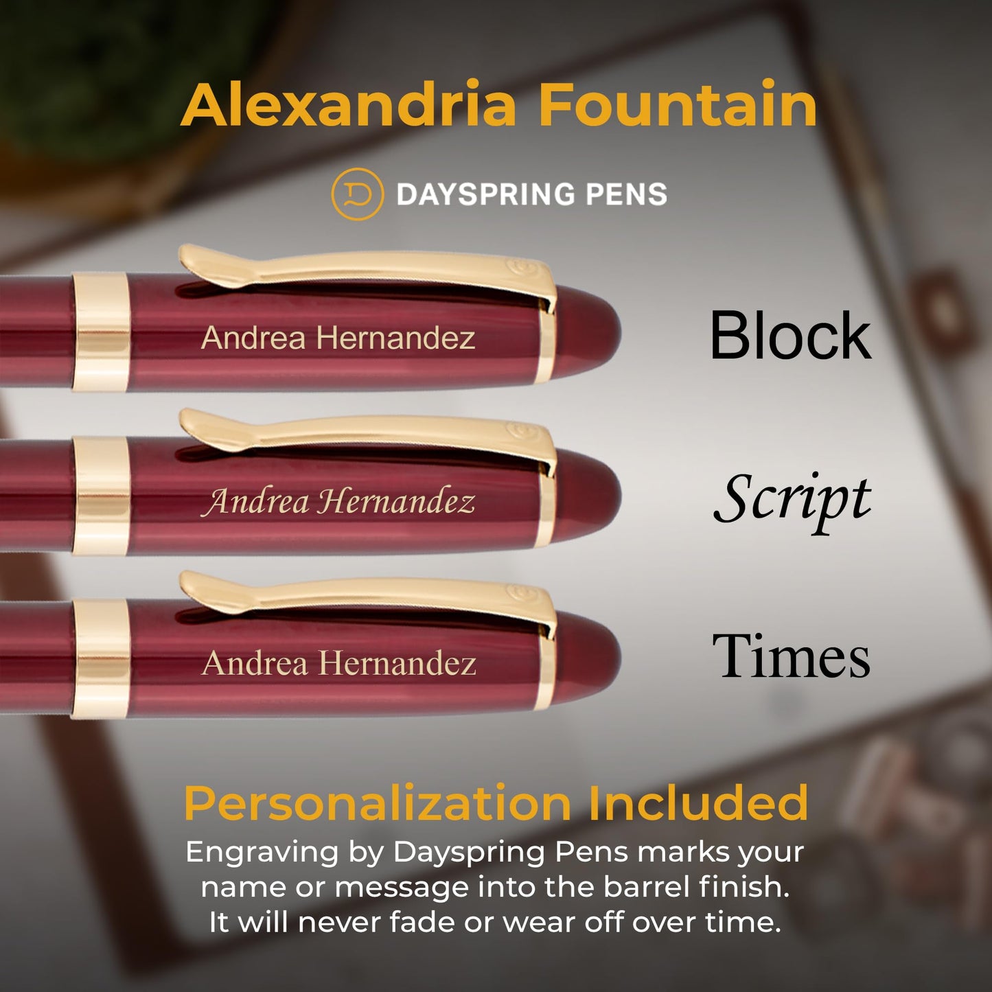 Dayspring Pens Alexandria Personalized Fountain Pen in Red with Gold Trim