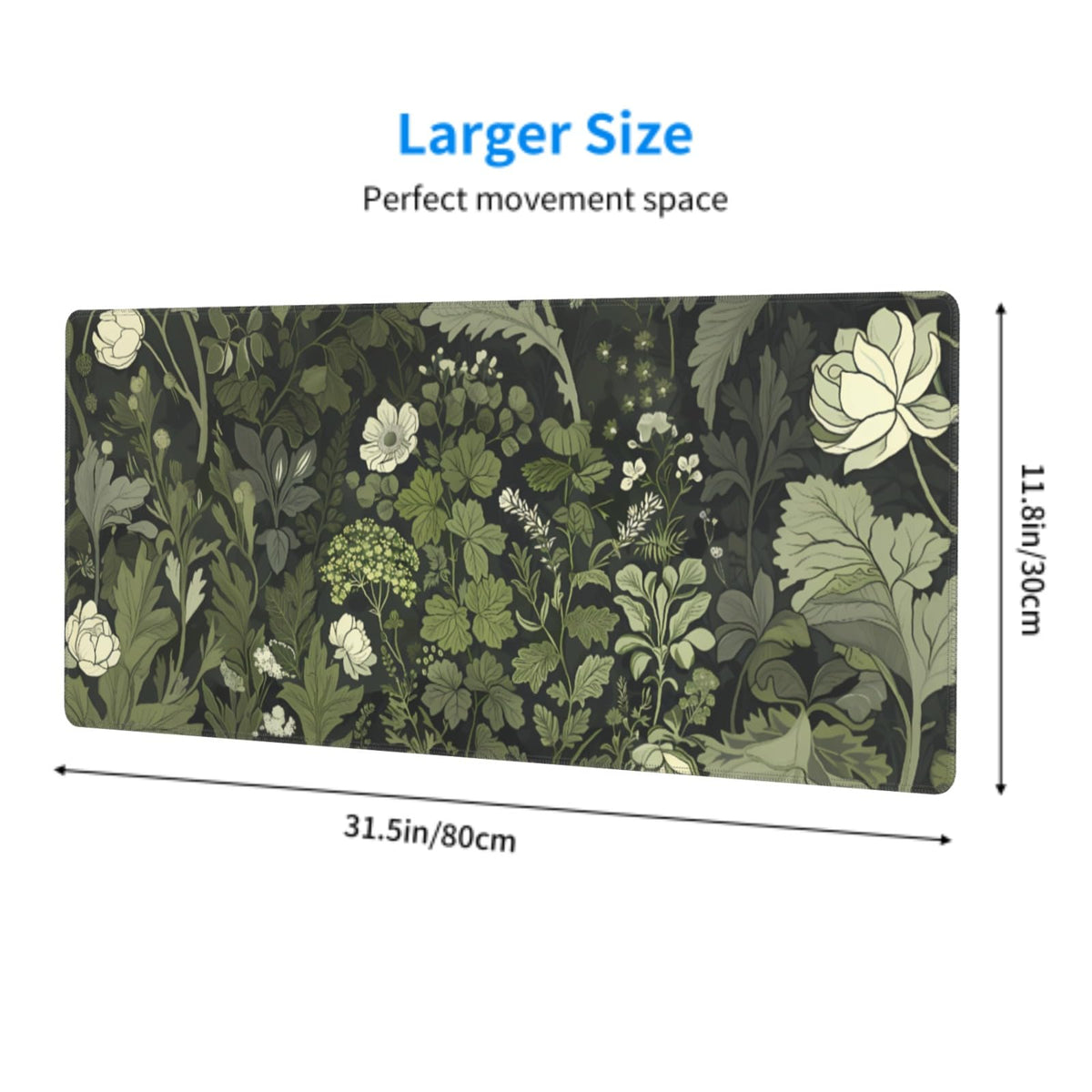 Sage Green Floral Mouse Pad XL 31.5 X 11.8 Inch Plant Flower Pattern Botanical Design Extended