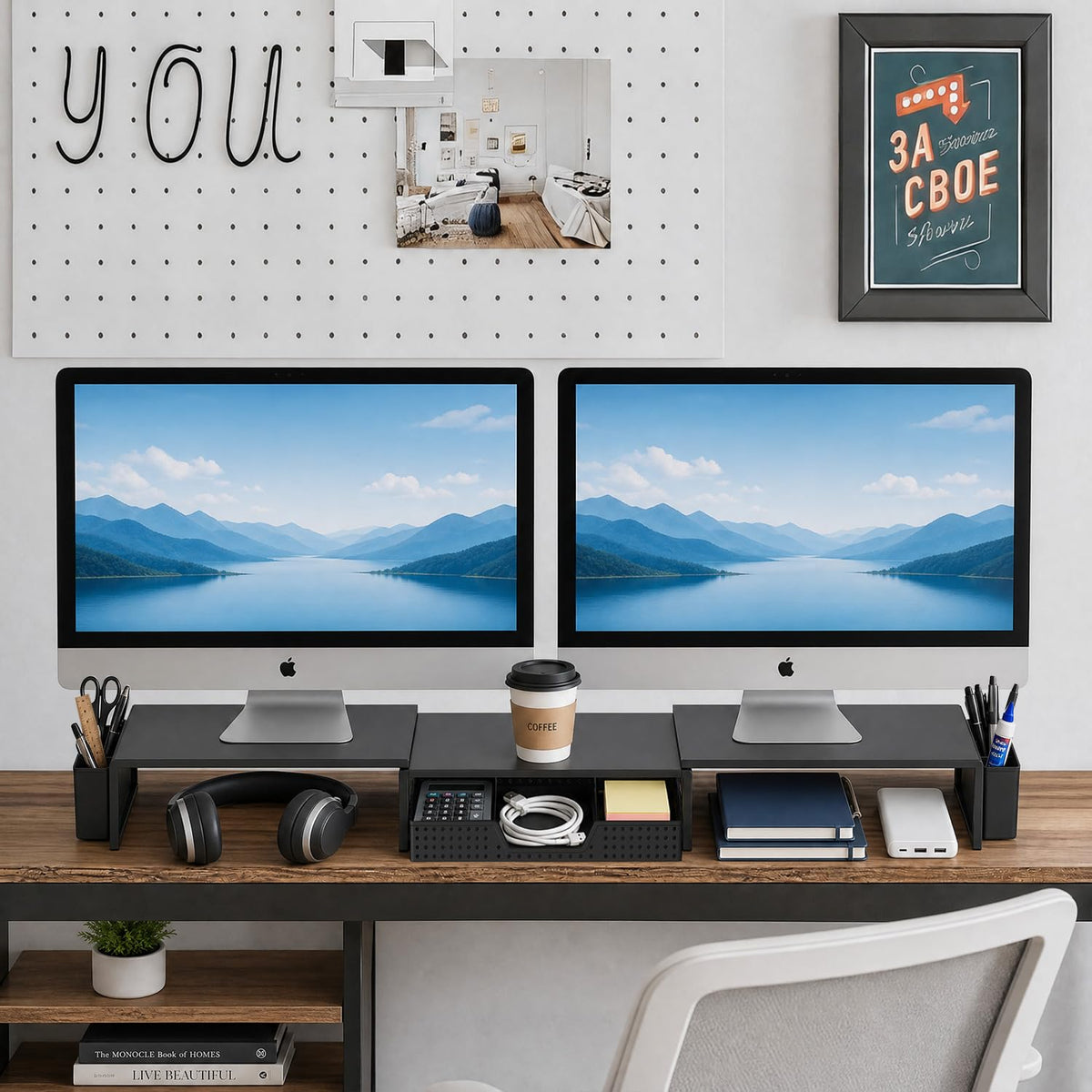 LEKETREE Dual Monitor Stand Riser with Drawer and 2 Pen Holders, Black