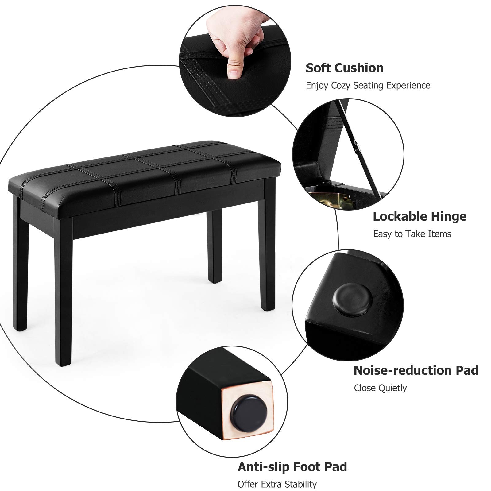 GOFLAME Piano Bench with Padded Cushion and Music Storage, Comfortable Double Duet Seat with PU