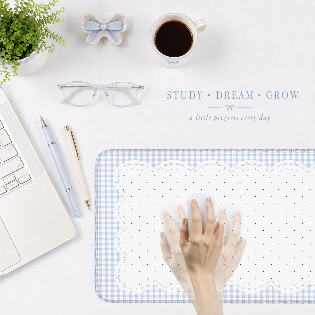 Nasdalgias Blue White Desk Mat -31.5x15.7in-Checkered Wavy Polka dots for Office Study Gaming Work