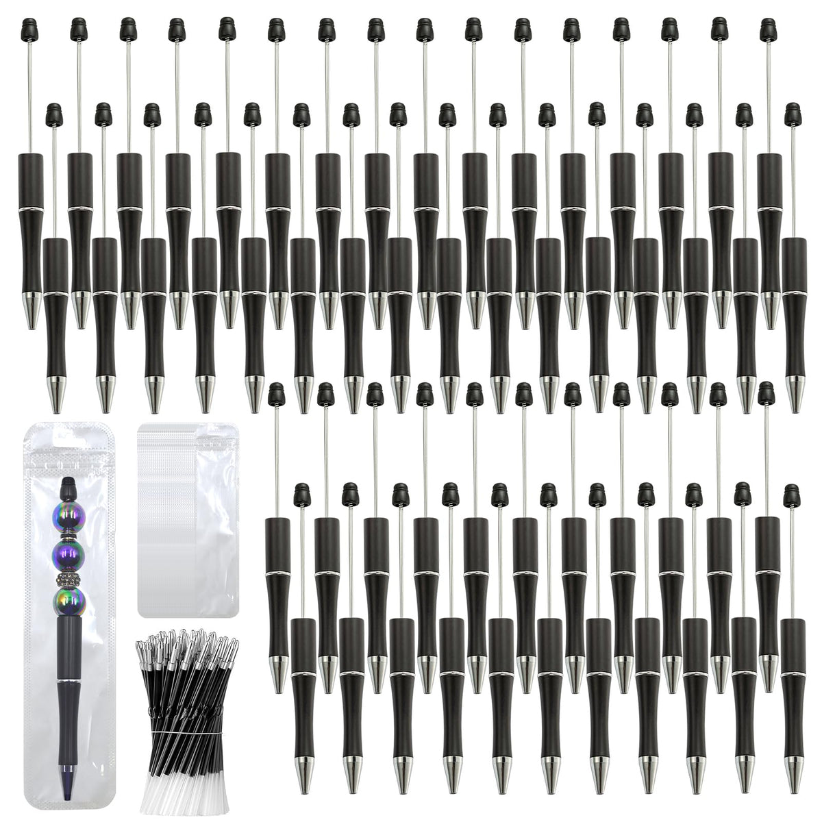 DASTTUIS 150 Pieces DIY Beadable Pen Kit – 50 Plastic Ballpoint Pens with Refills & Bags – School